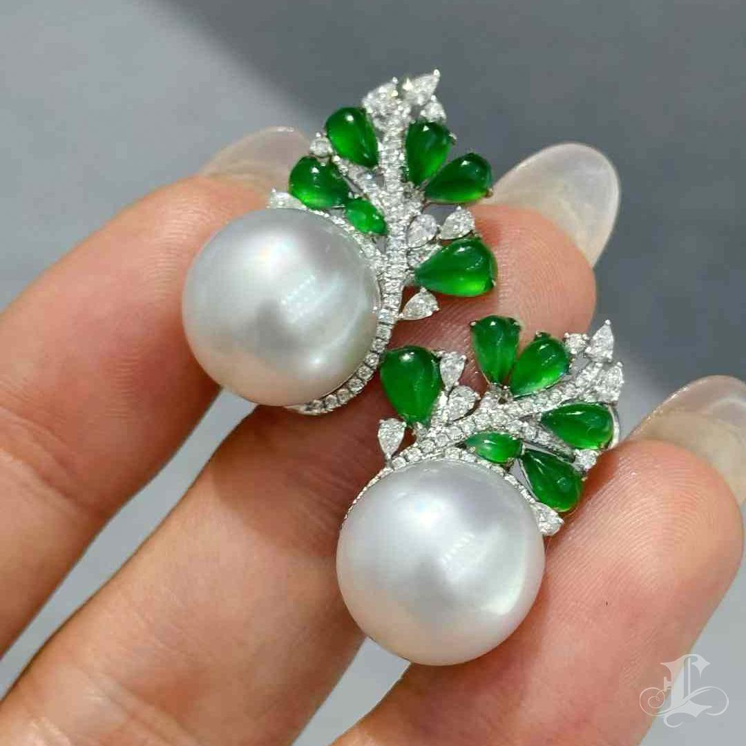 【Jādora】Jade Vine South Sea Pearl Diamond Earrings For Sale 5