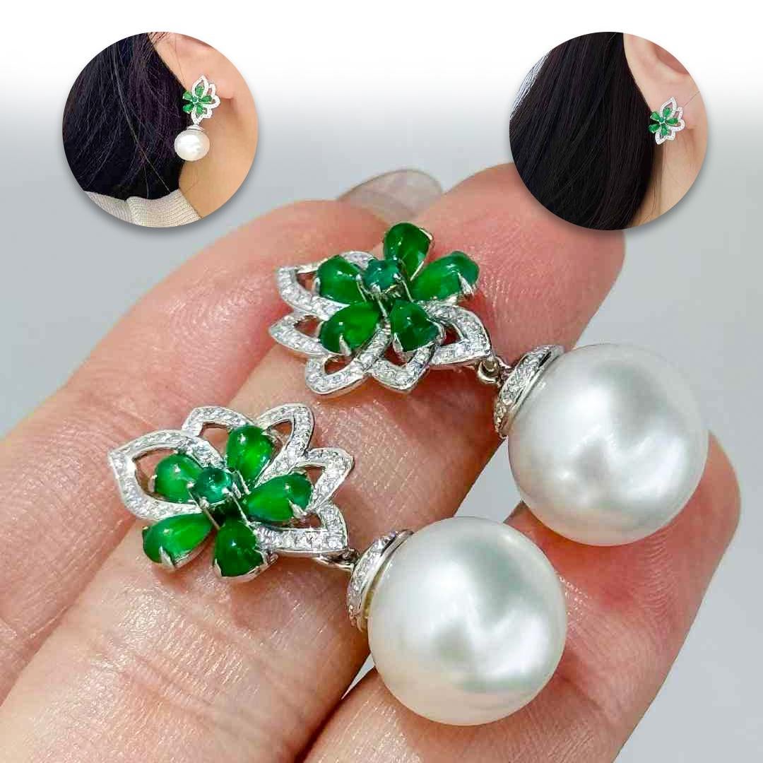 Uncut 【Jādora】Shadow Blossom Convertible Jade & South Sea Pearl Earrings For Sale