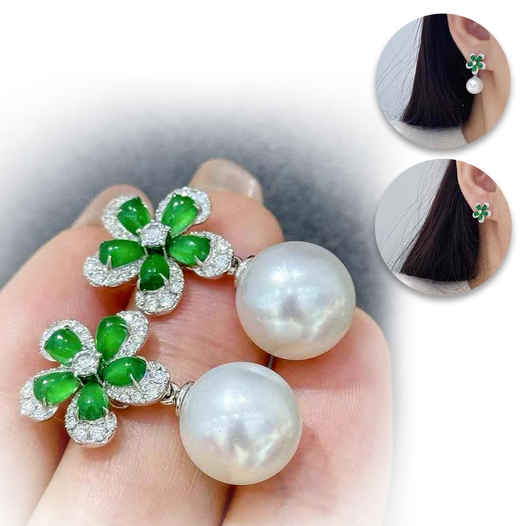 Uncut 【Jādora】Jade Blossom Convertible Pearl & Diamond Earrings For Sale