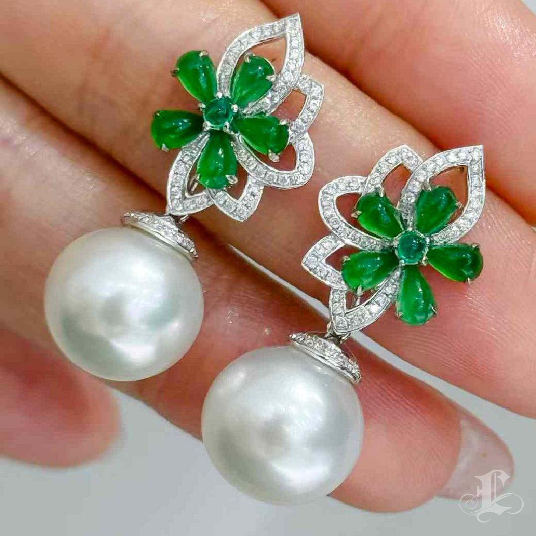Women's 【Jādora】Shadow Blossom Convertible Jade & South Sea Pearl Earrings For Sale