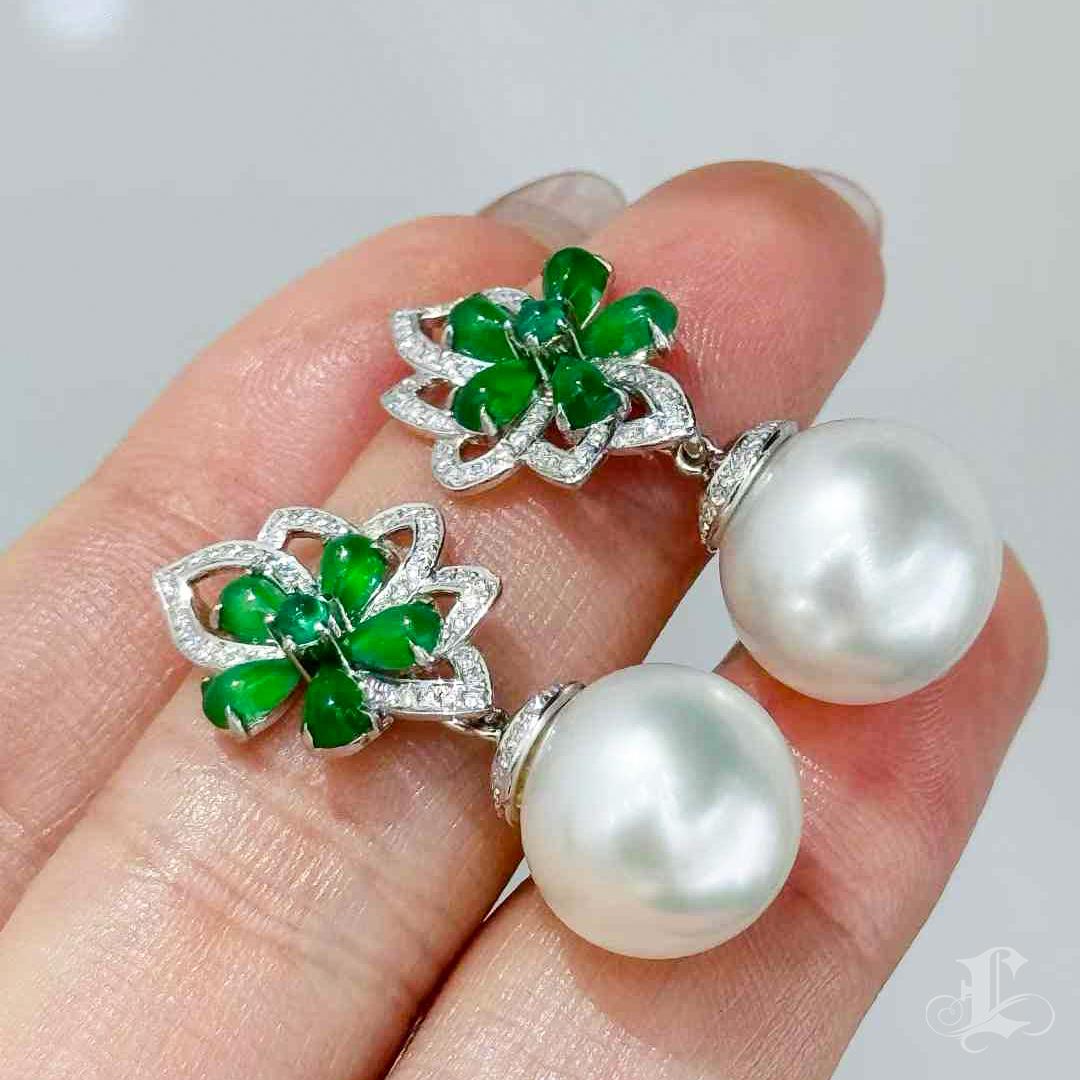 【Jādora】Shadow Blossom Convertible Jade & South Sea Pearl Earrings For Sale 1