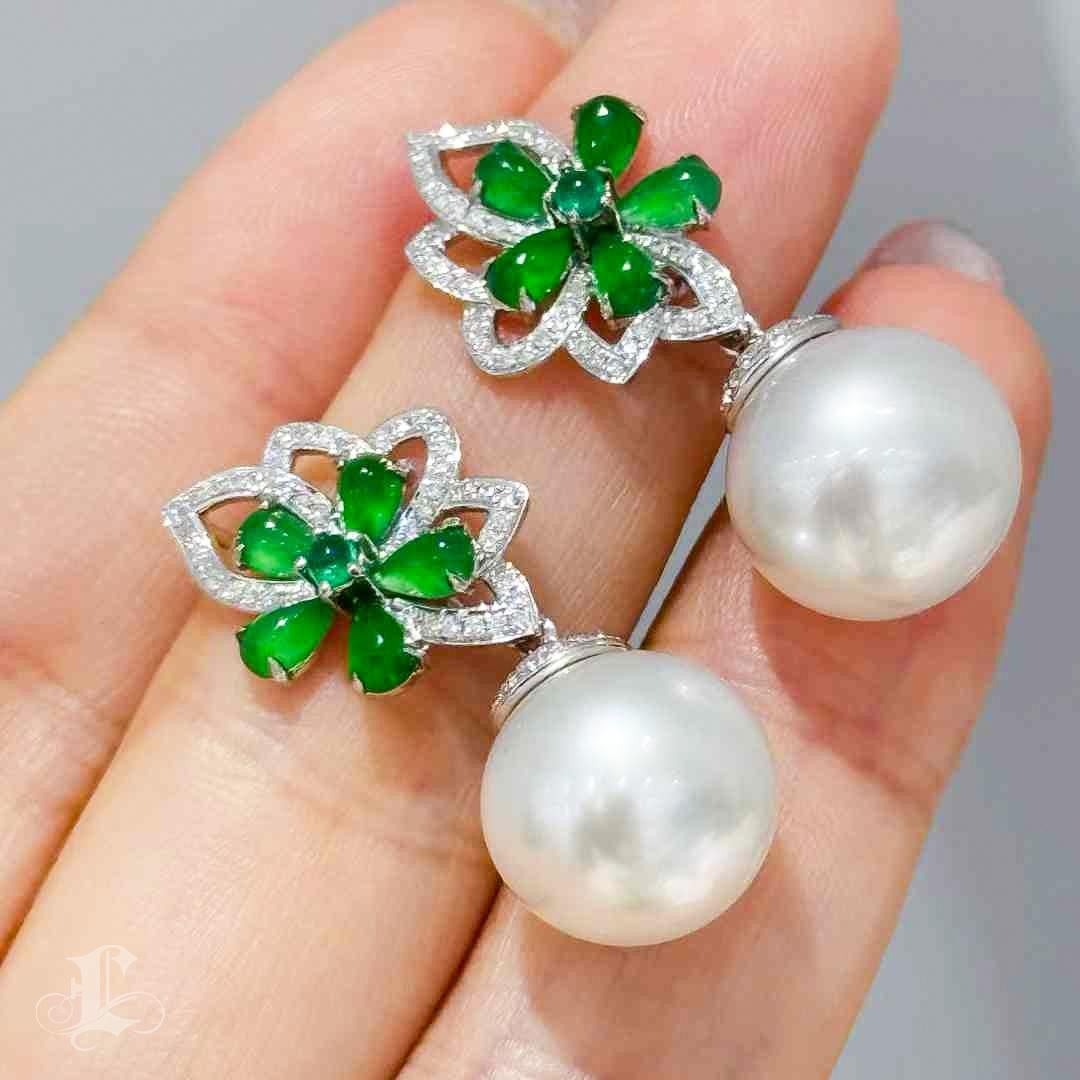【Jādora】Shadow Blossom Convertible Jade & South Sea Pearl Earrings For Sale 2