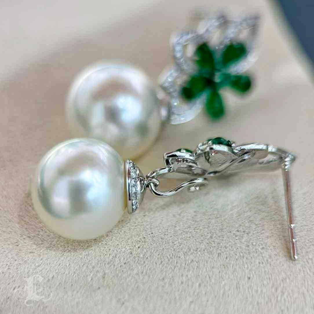 【Jādora】Shadow Blossom Convertible Jade & South Sea Pearl Earrings For Sale 4