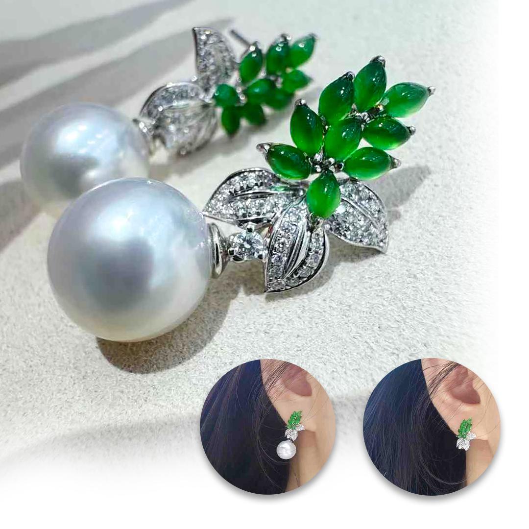 Uncut 【Jādora】Convertible Jade Bloom & South Sea Pearl Earrings For Sale