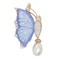 18K Gold Agate Hand Carved Butterfly Diamond Pearl Contemporary Pendant Brooch