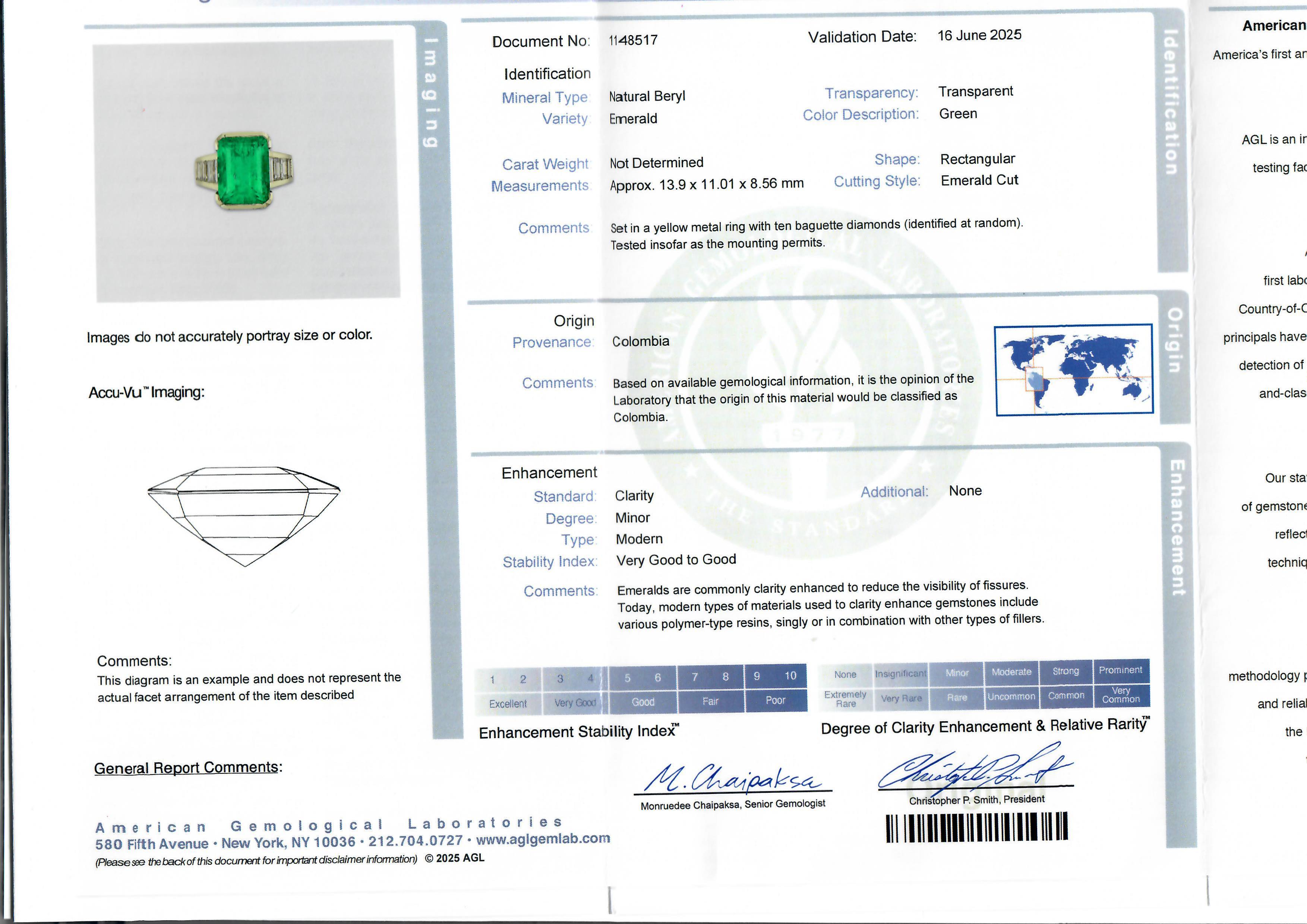 18k Gold AGL 10.6ctw Green Colombian Emerald Baguette Diamond Statement Ring In Excellent Condition For Sale In Montclair, NJ