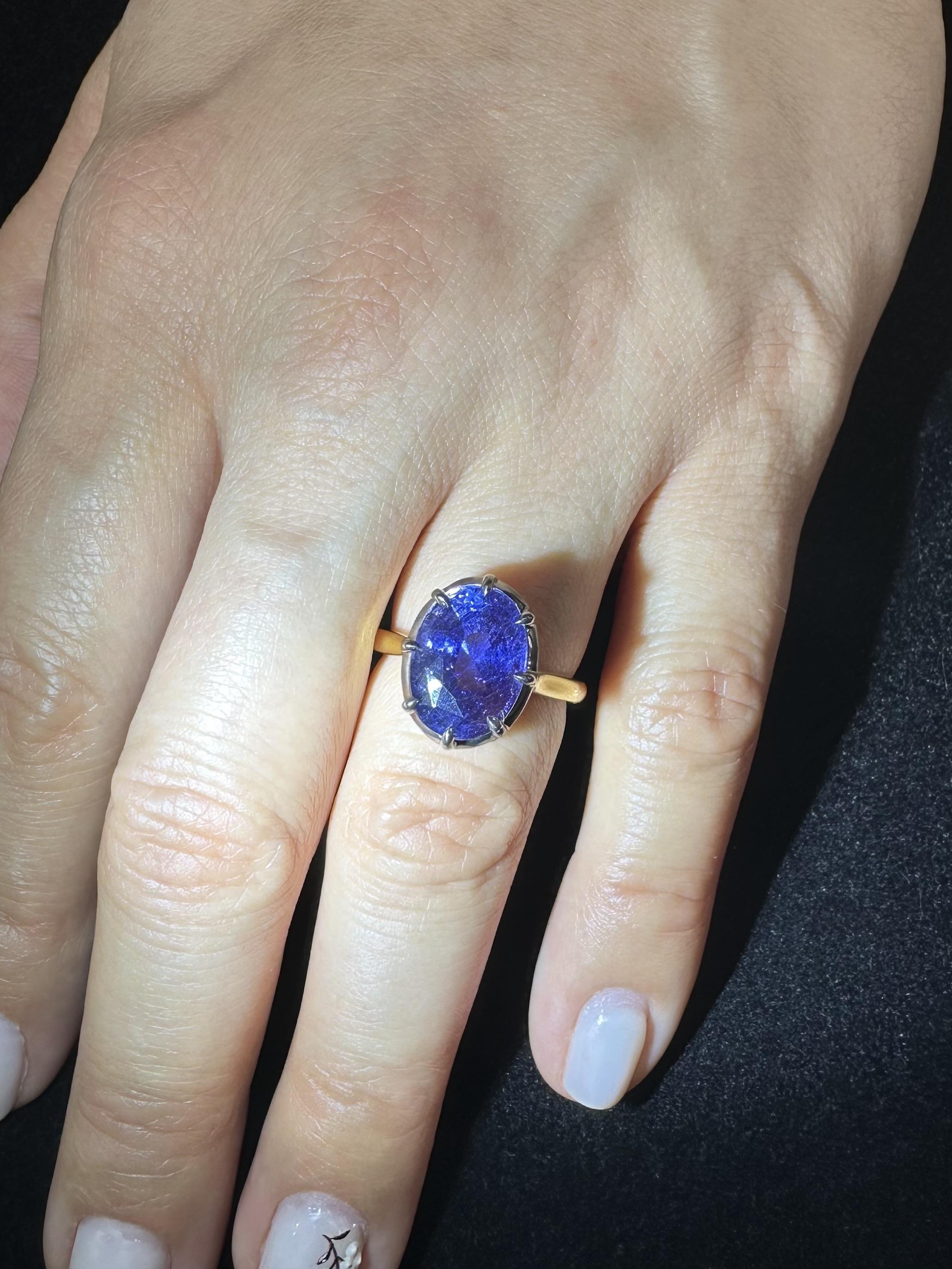 18k Gold AGL 8.53ct Blue Pink Purple Color Change Sapphire Solitaire Collet Ring im Angebot 4