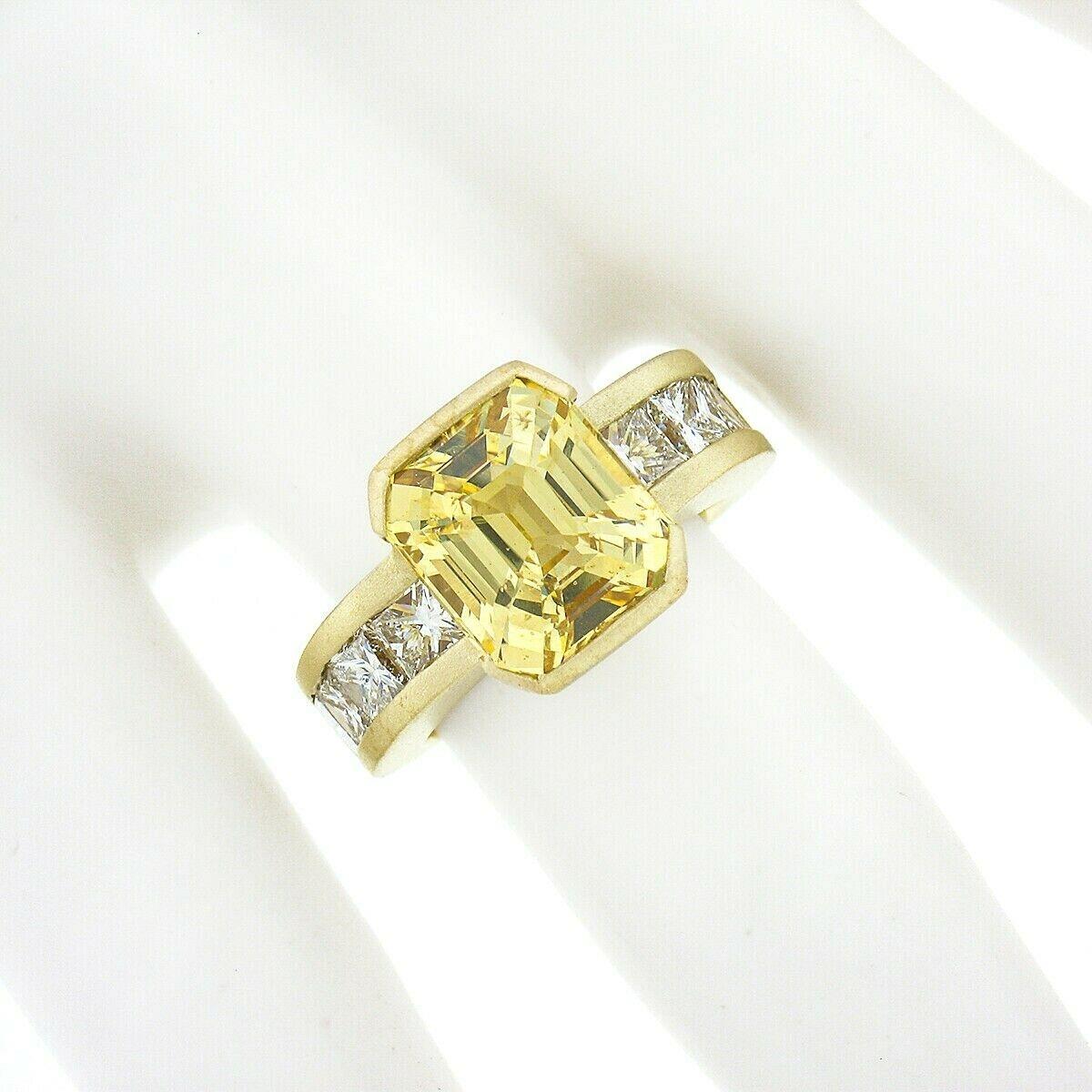 18k Gold AGL No Heat Yellow Ceylon Sapphire & Princess Diamond Half Bezel Ring For Sale 3