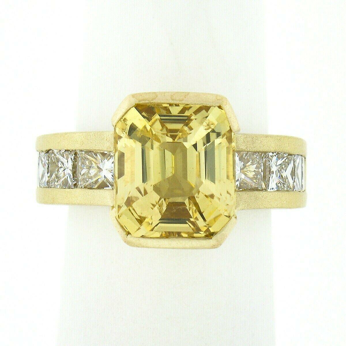 18k Gold AGL No Heat Yellow Ceylon Sapphire & Princess Diamond Half Bezel Ring For Sale 4