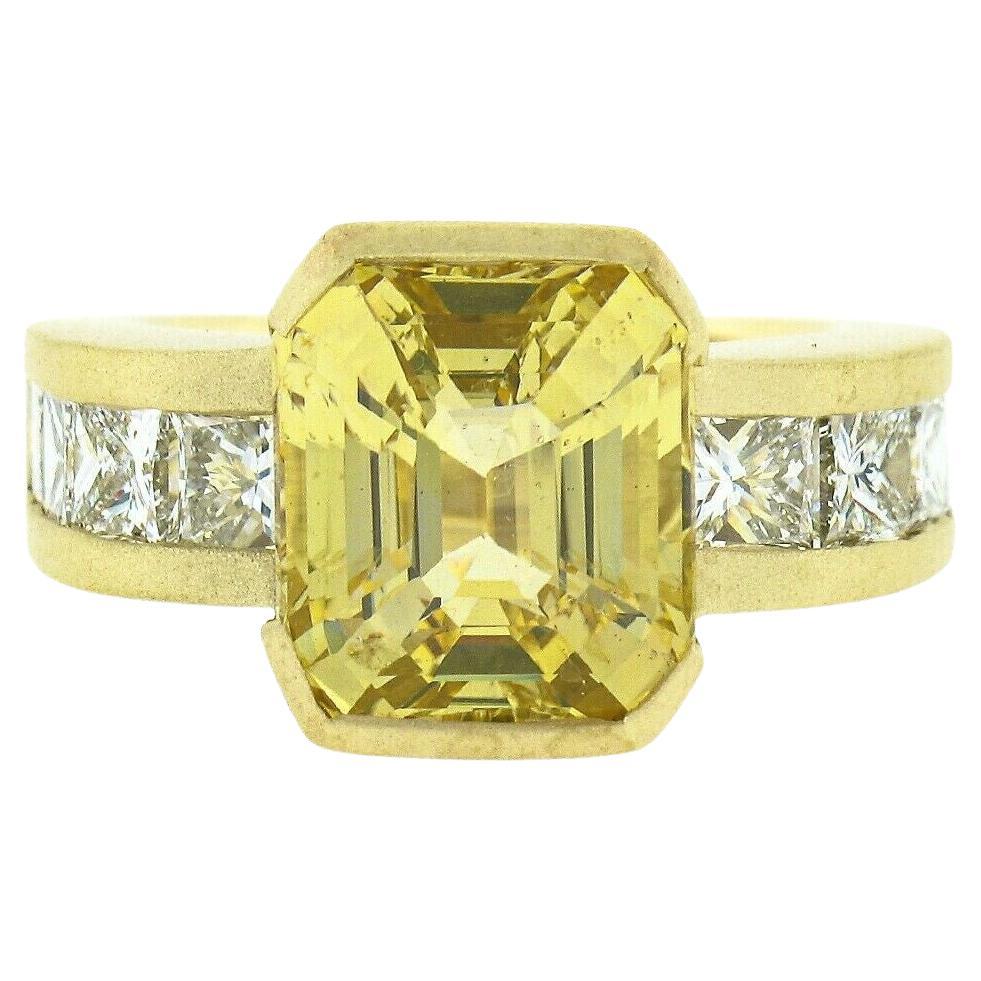 18k Gold AGL No Heat Yellow Ceylon Sapphire & Princess Diamond Half Bezel Ring For Sale