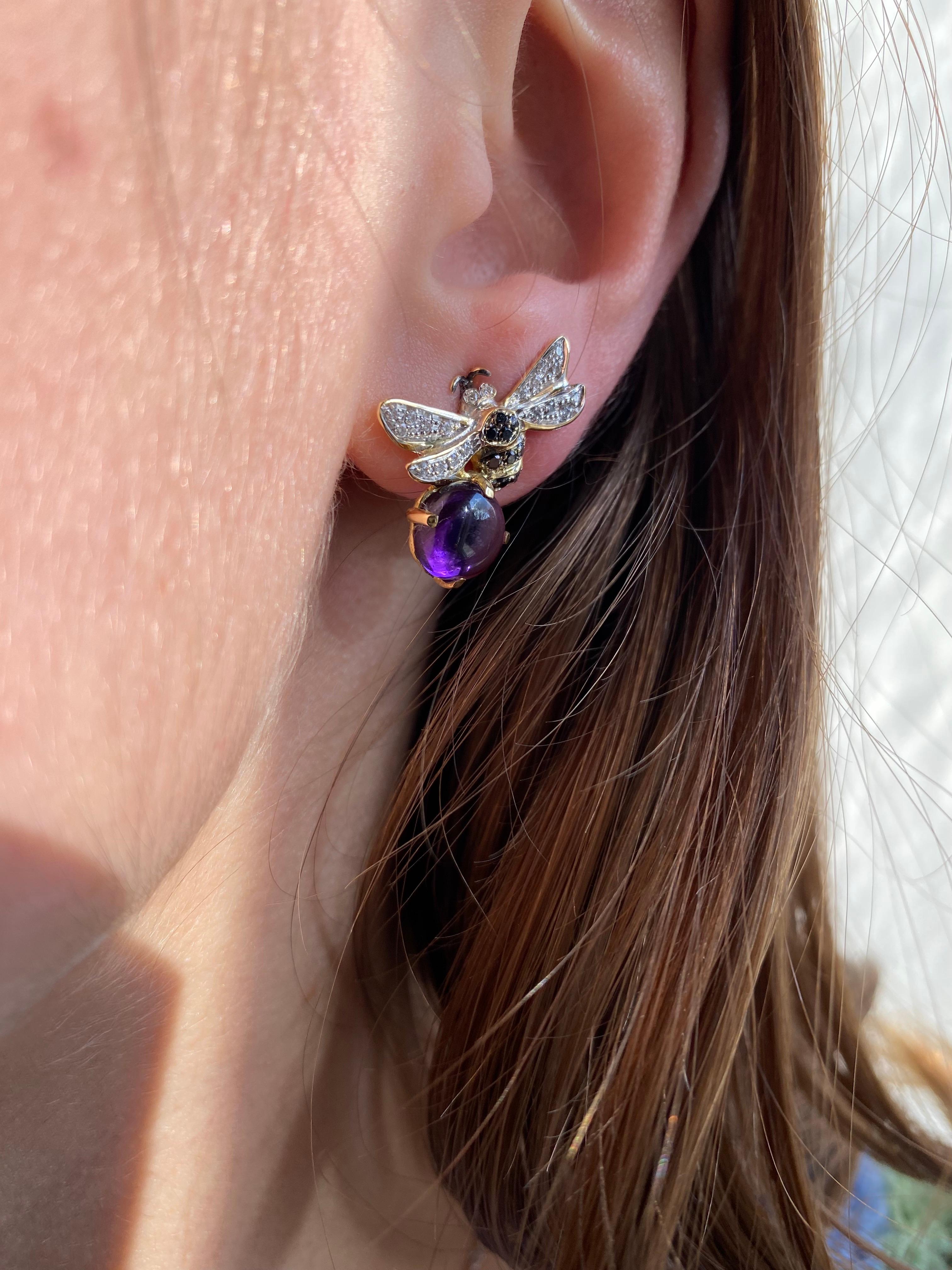 18k Gold Amethyst 0.34 Karat White and Black Diamond Bees Stud Modern Earrings For Sale 8
