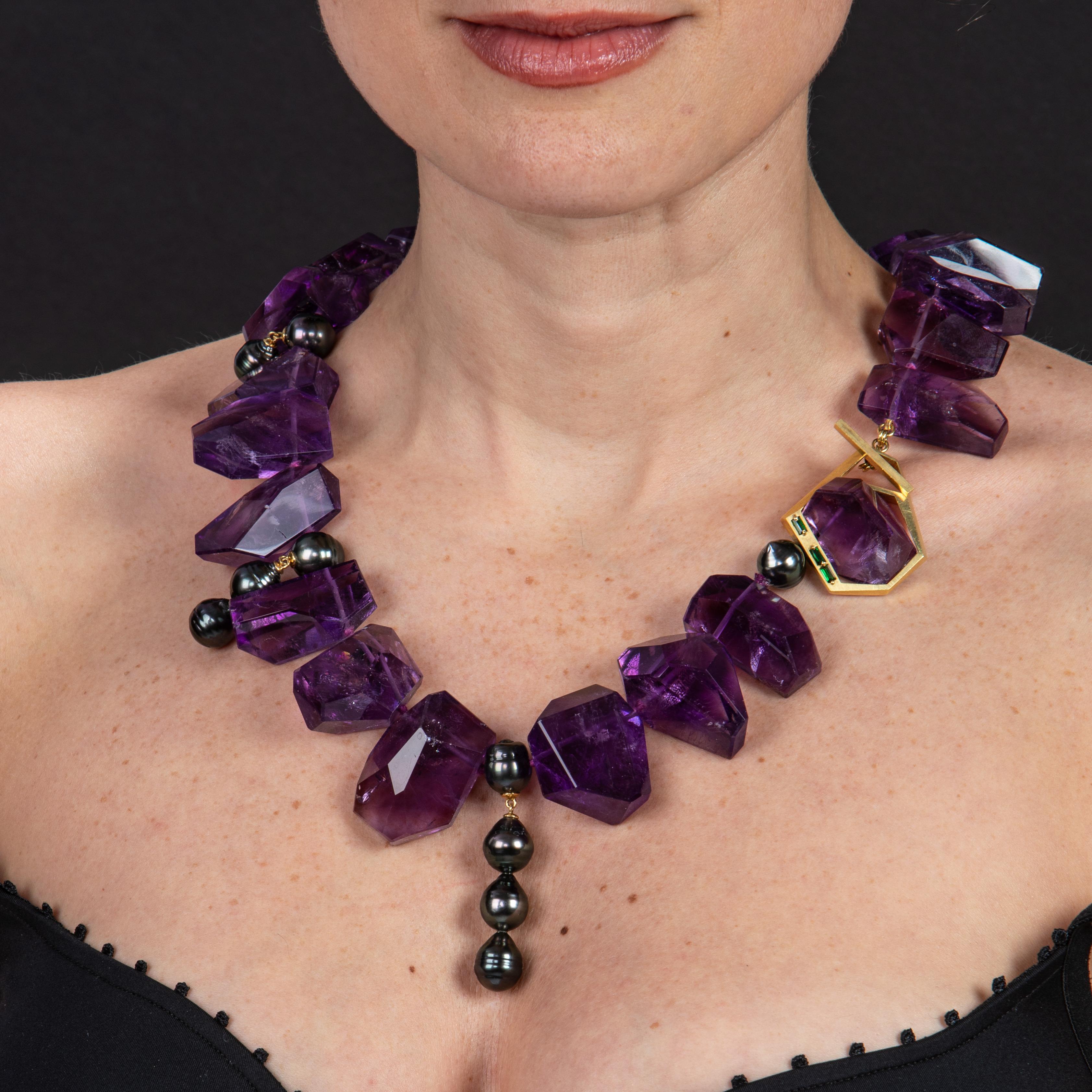 Rough Cut 18k Gold Amethyst and Tahitian Pearl Necklace with Tsavorites, by Gloria Bass For Sale