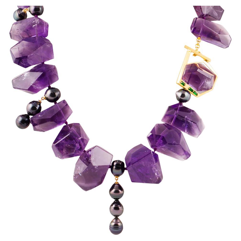 18k Gold Amethyst and Tahitian Pearl Necklace with Tsavorites, by Gloria Bass For Sale