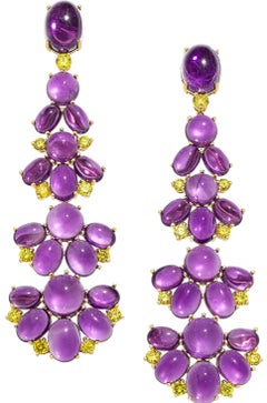 18k Gold & Amethyst Cabochon Dangle Earrings with 2.0ct Yellow Diamonds