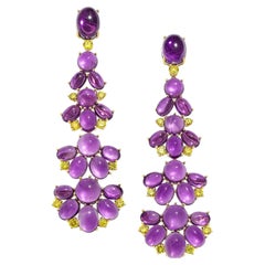 18k Gold & Amethyst Cabochon Dangle Earrings with 2.0ct Yellow Diamonds
