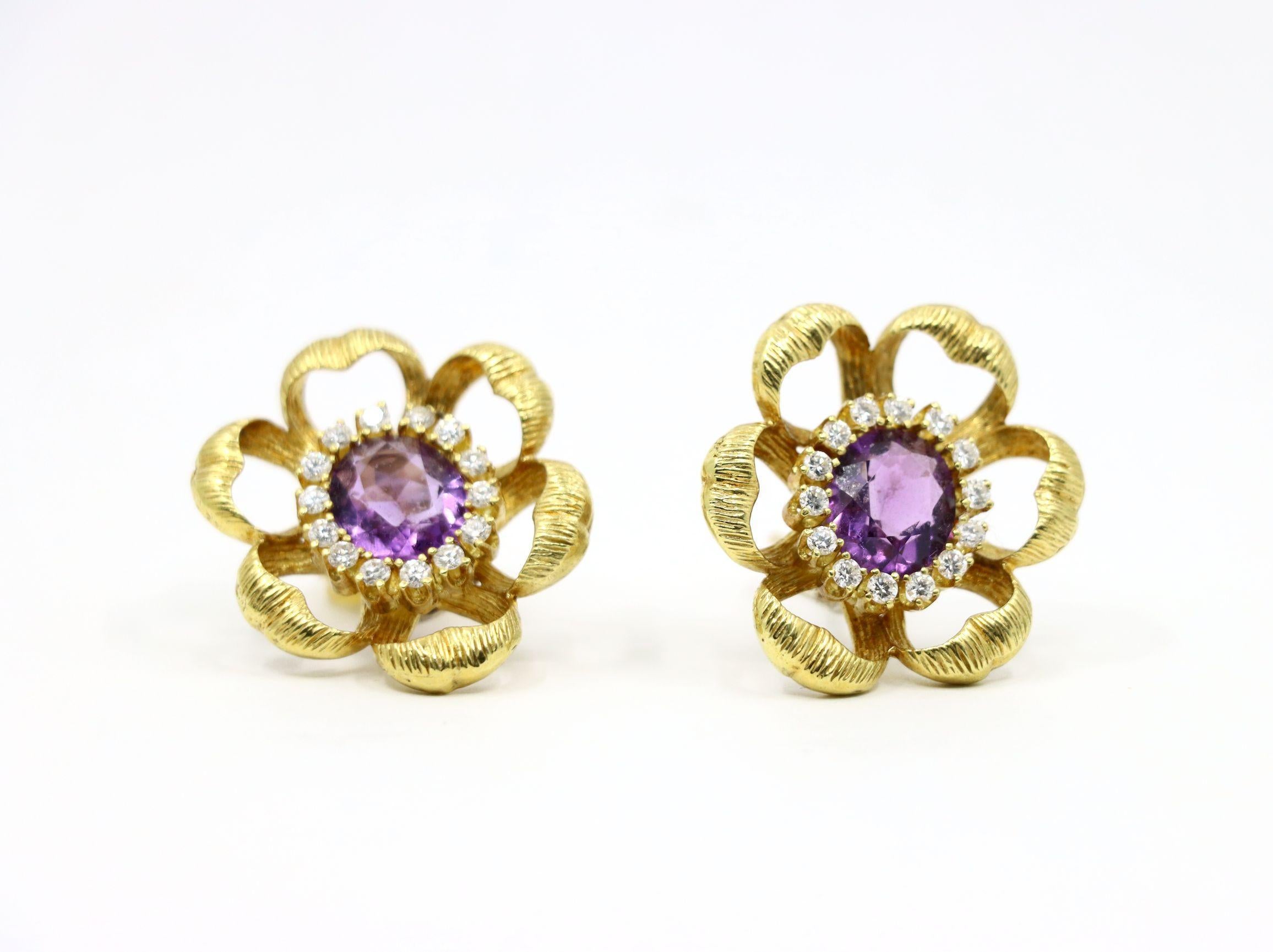 18K Gold Amethyst Diamond Flower Earrings For Sale 5