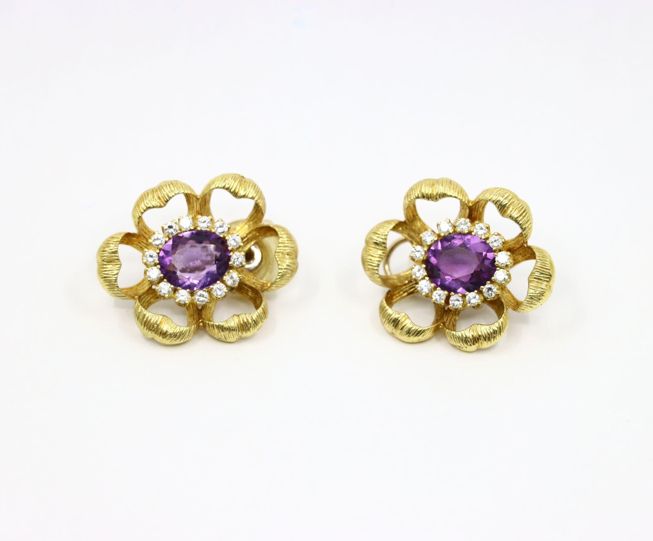 Oval Cut 18K Gold Amethyst Diamond Flower Earrings For Sale