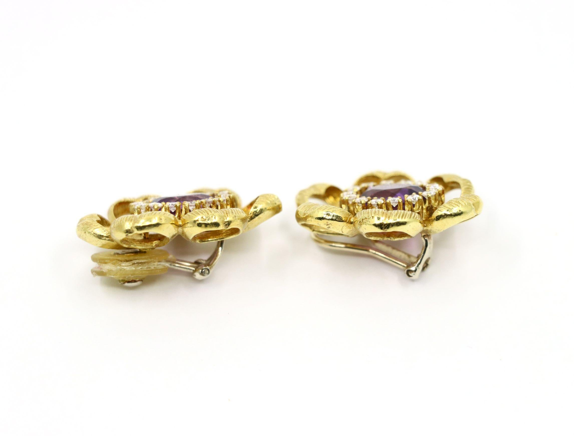 Women's 18K Gold Amethyst Diamond Flower Earrings For Sale