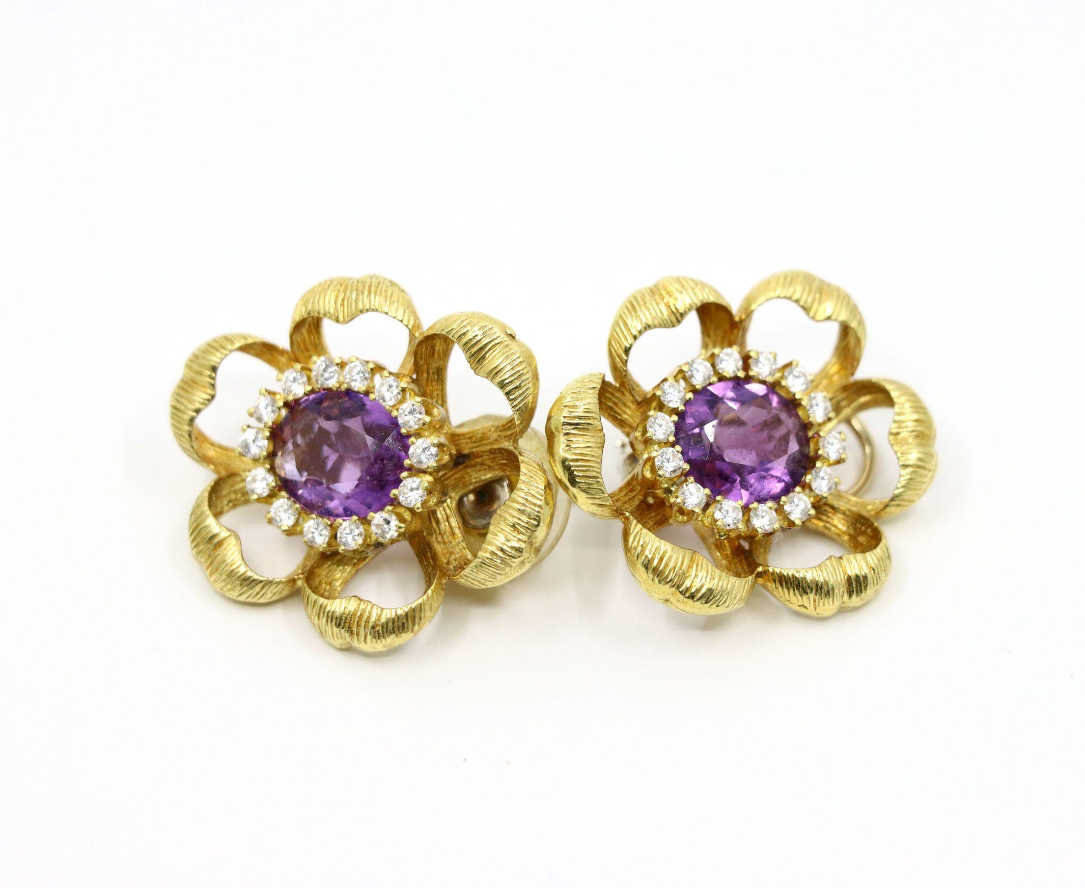 18K Gold Amethyst Diamond Flower Earrings For Sale 1