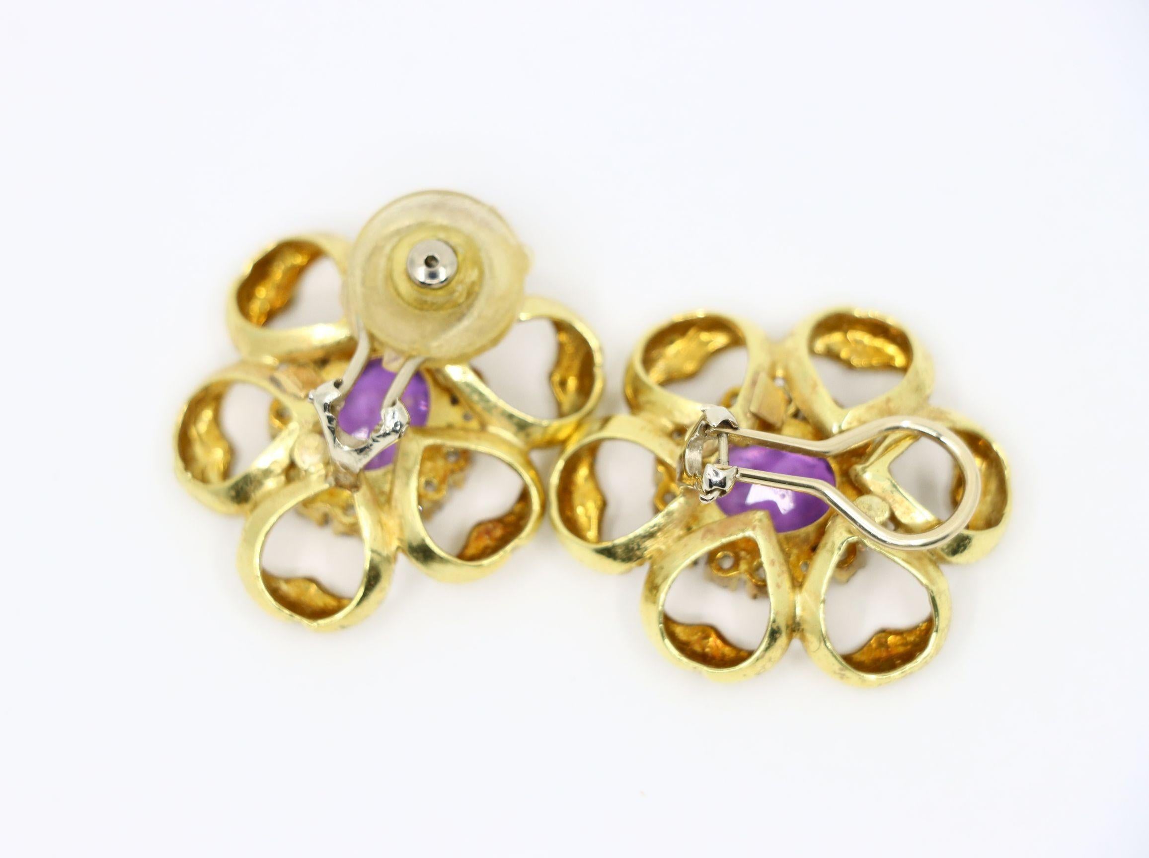 18K Gold Amethyst Diamond Flower Earrings For Sale 2