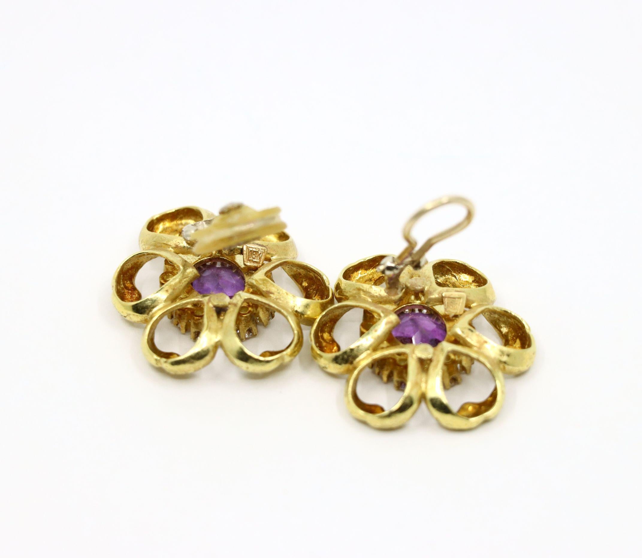 18K Gold Amethyst Diamond Flower Earrings For Sale 3