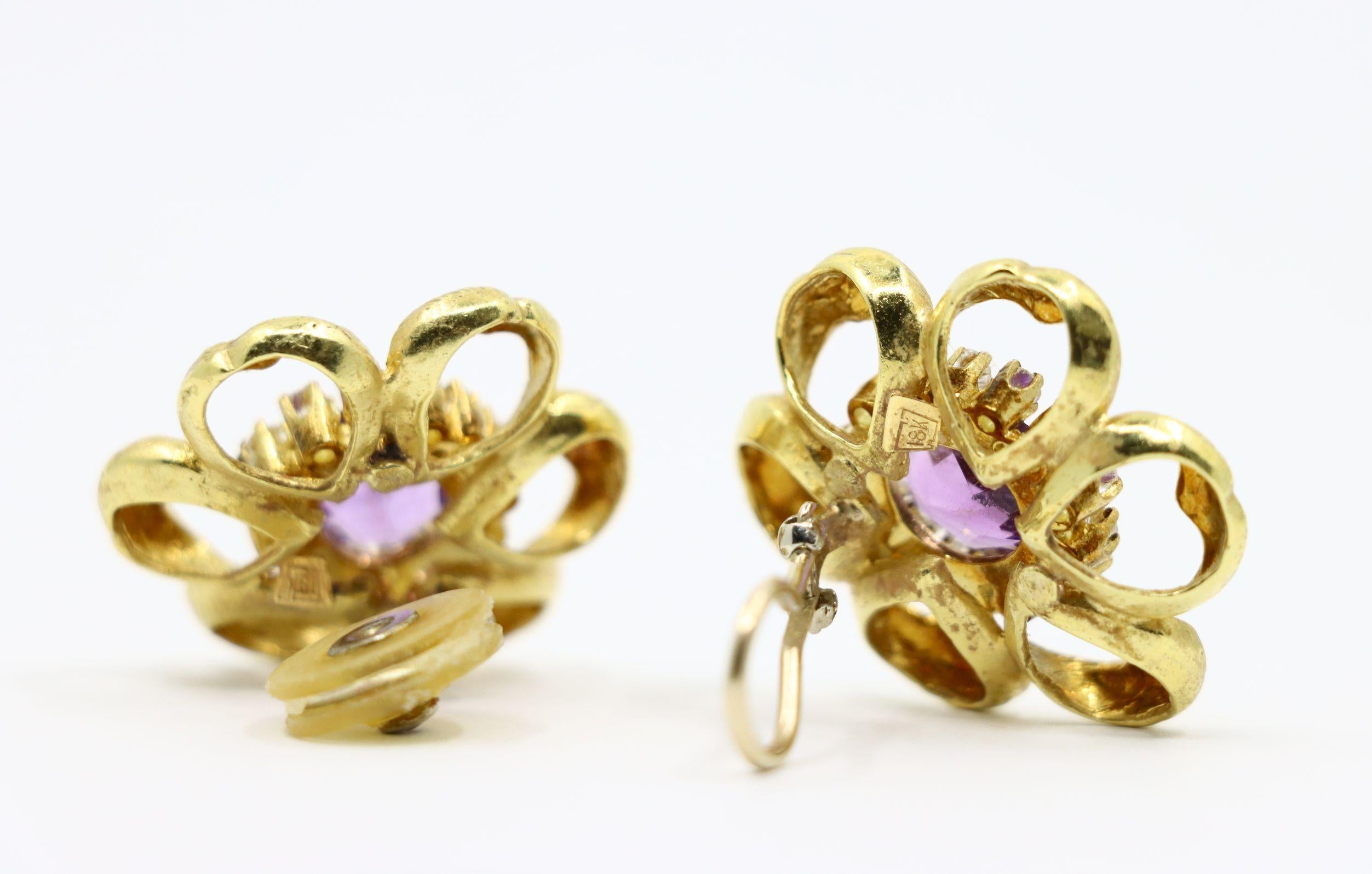 18K Gold Amethyst Diamond Flower Earrings For Sale 4
