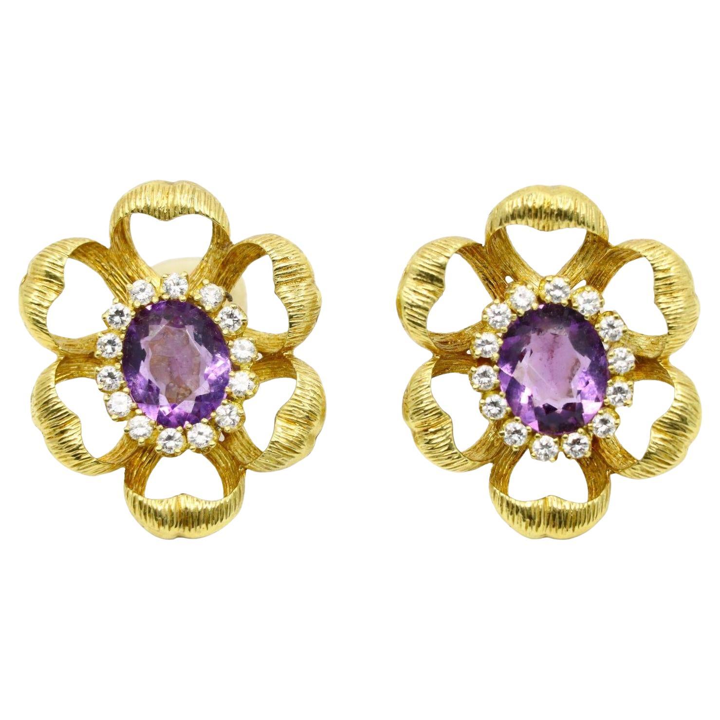 Orecchini a fiore con diamante e ametista in oro 18K