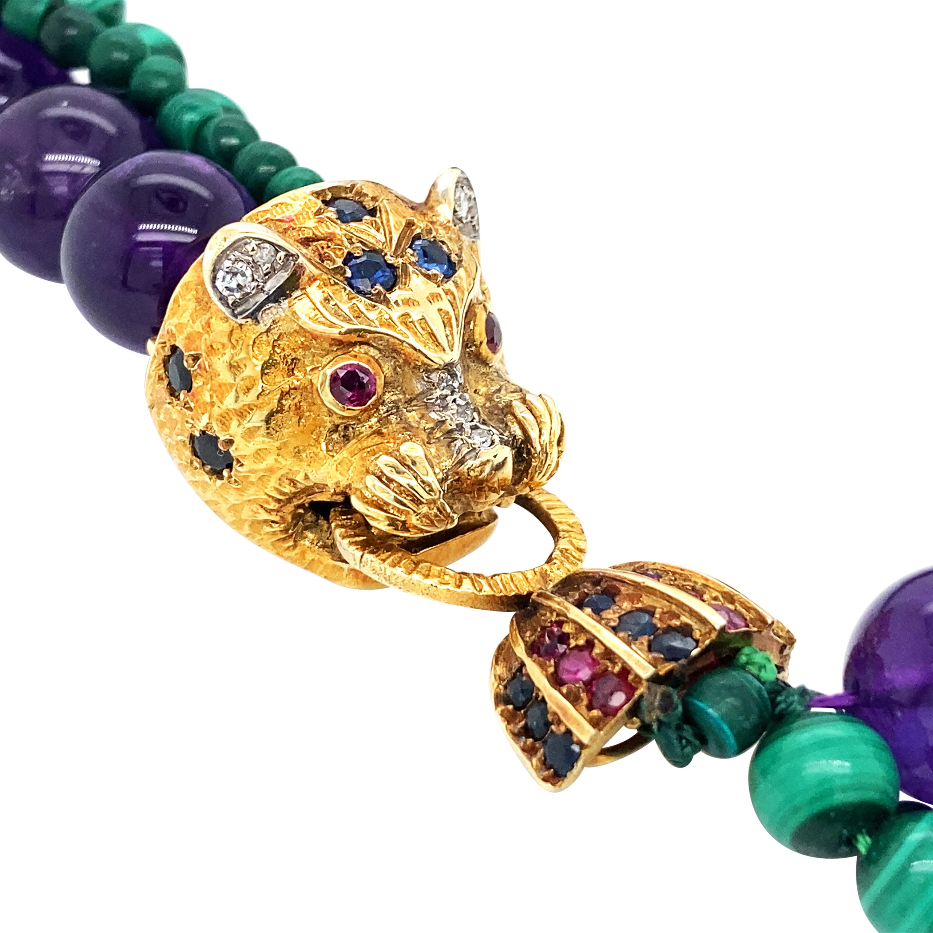 Mixed Cut 18K Gold Amethyst Malachite Diamond Necklace For Sale