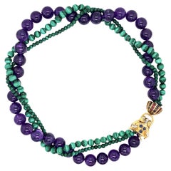 18K Gold Amethyst Malachite Diamond Necklace