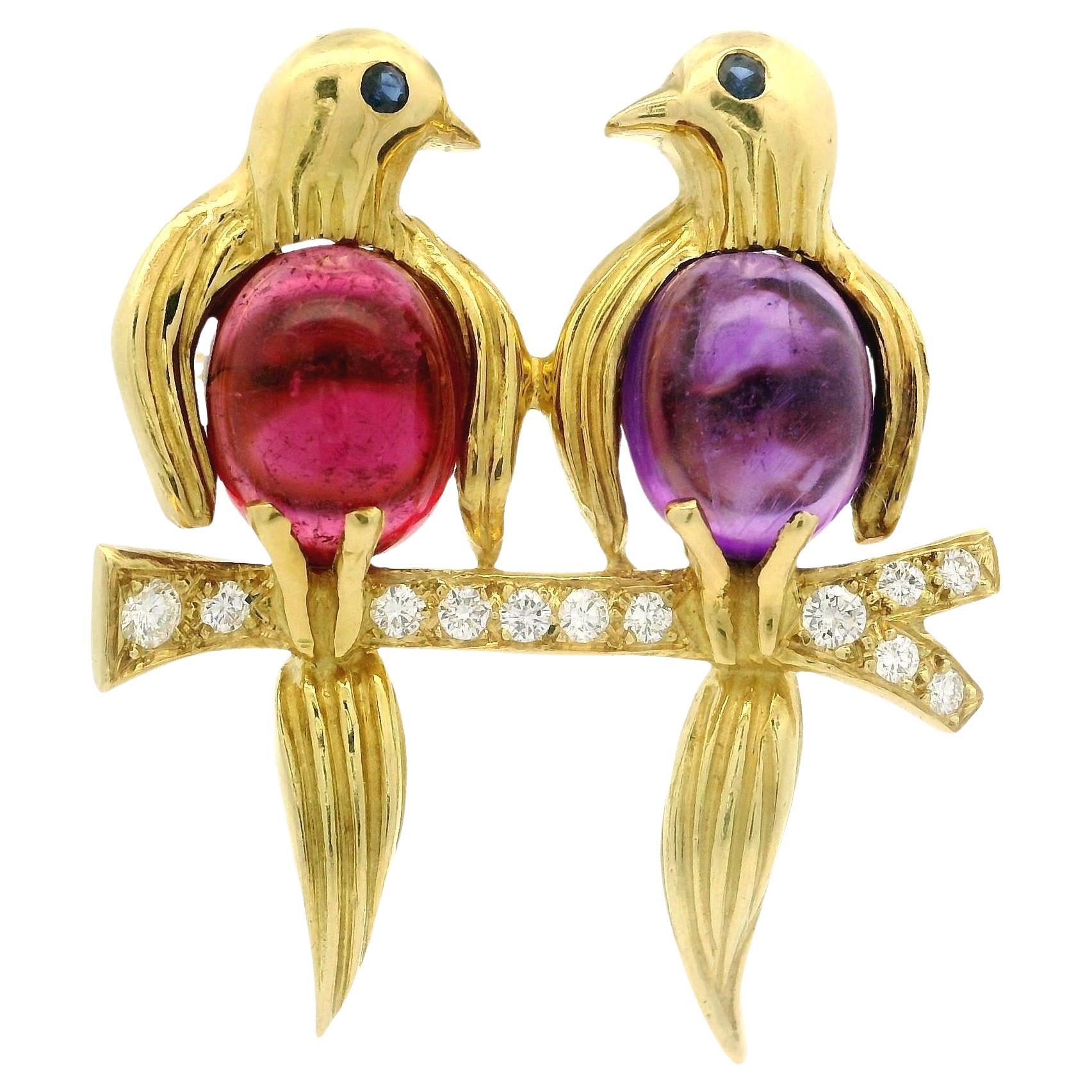 18k Gold Amethyst Tourmaline & Diamond Pair Twin Birds on Branch Pin Brooch