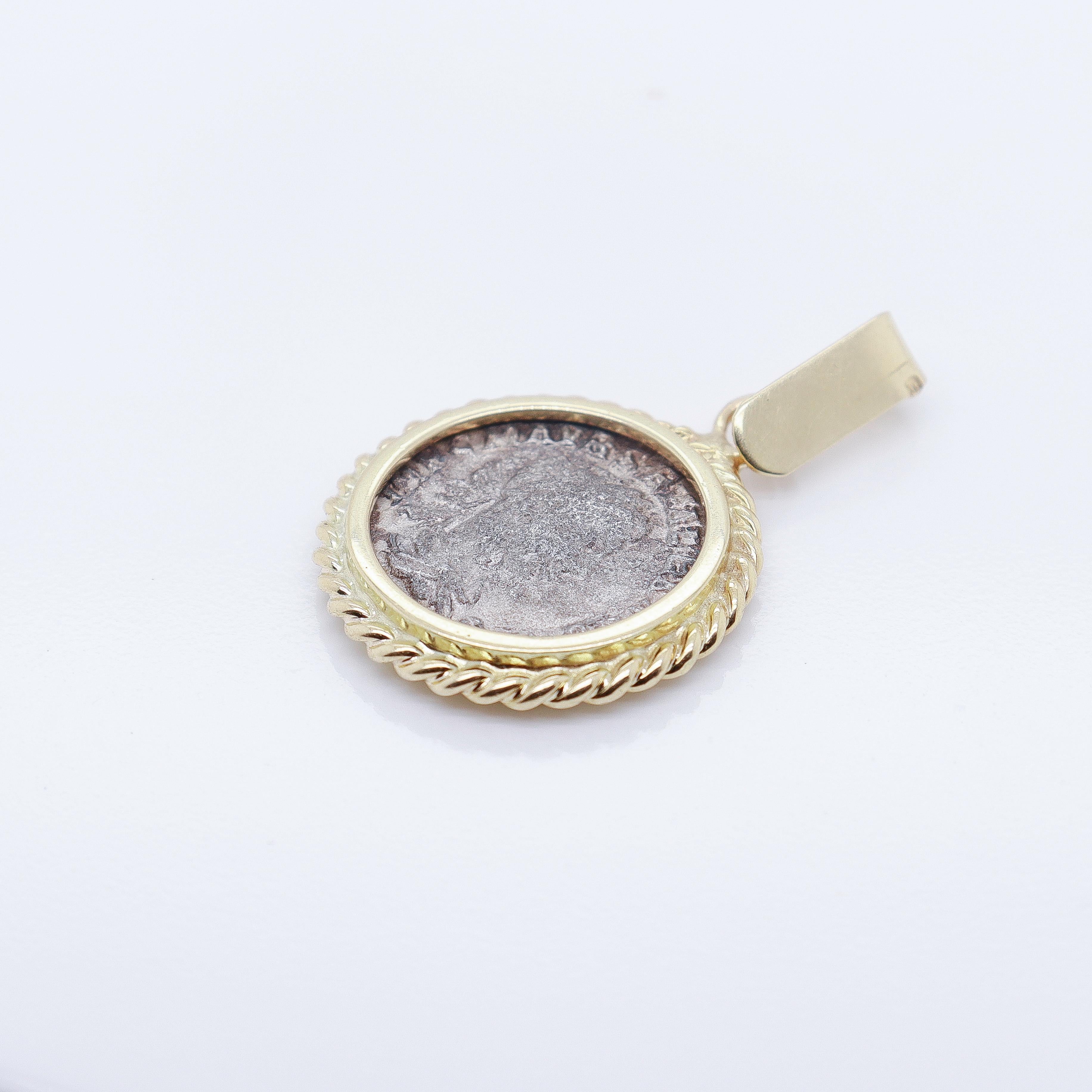 Classical Roman 18k Gold & Ancient Roman Coin Severus Alexander Denarius Pendant For Sale