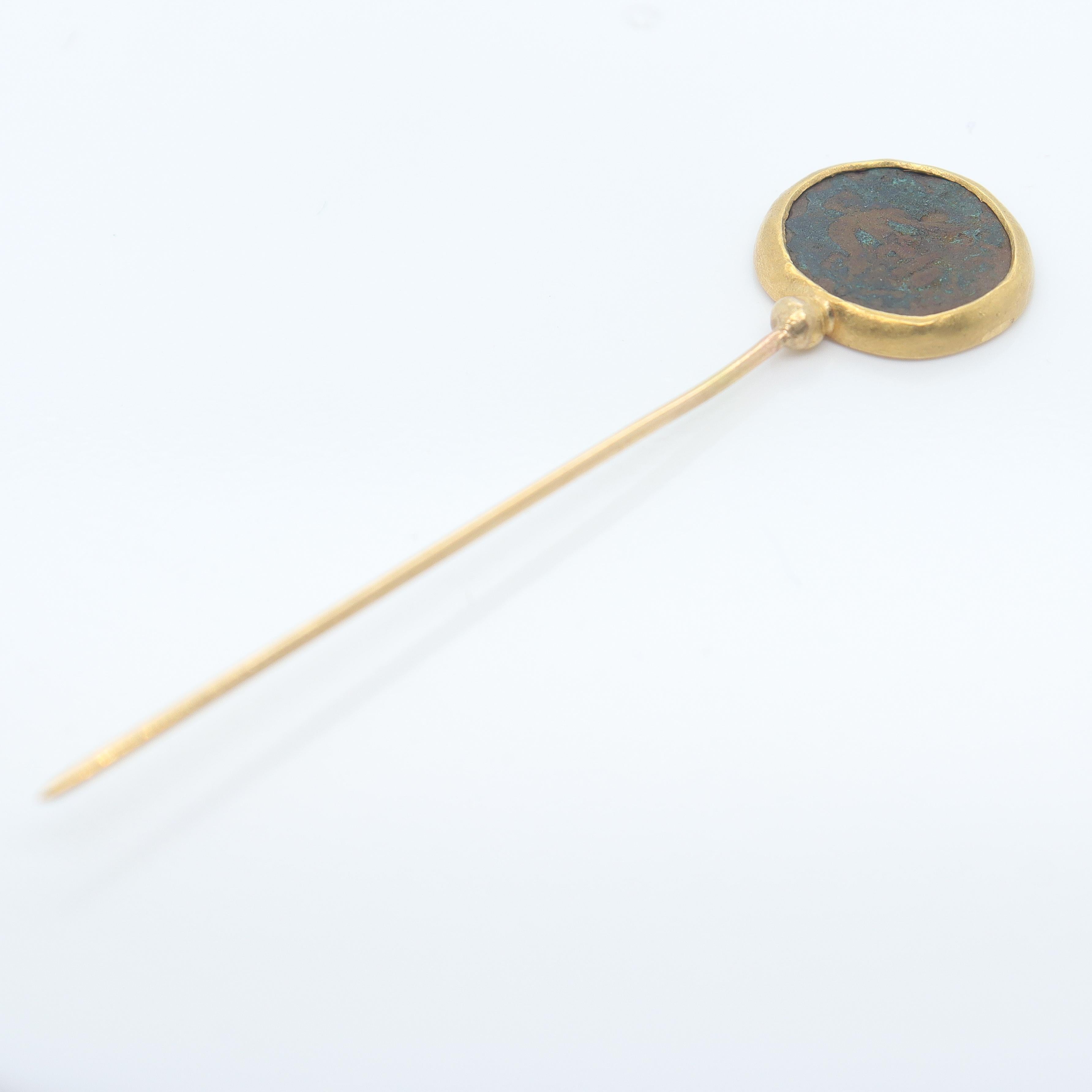 18k Gold and Ancient Roman or Greek Bronze Coin Stickpin For Sale 2