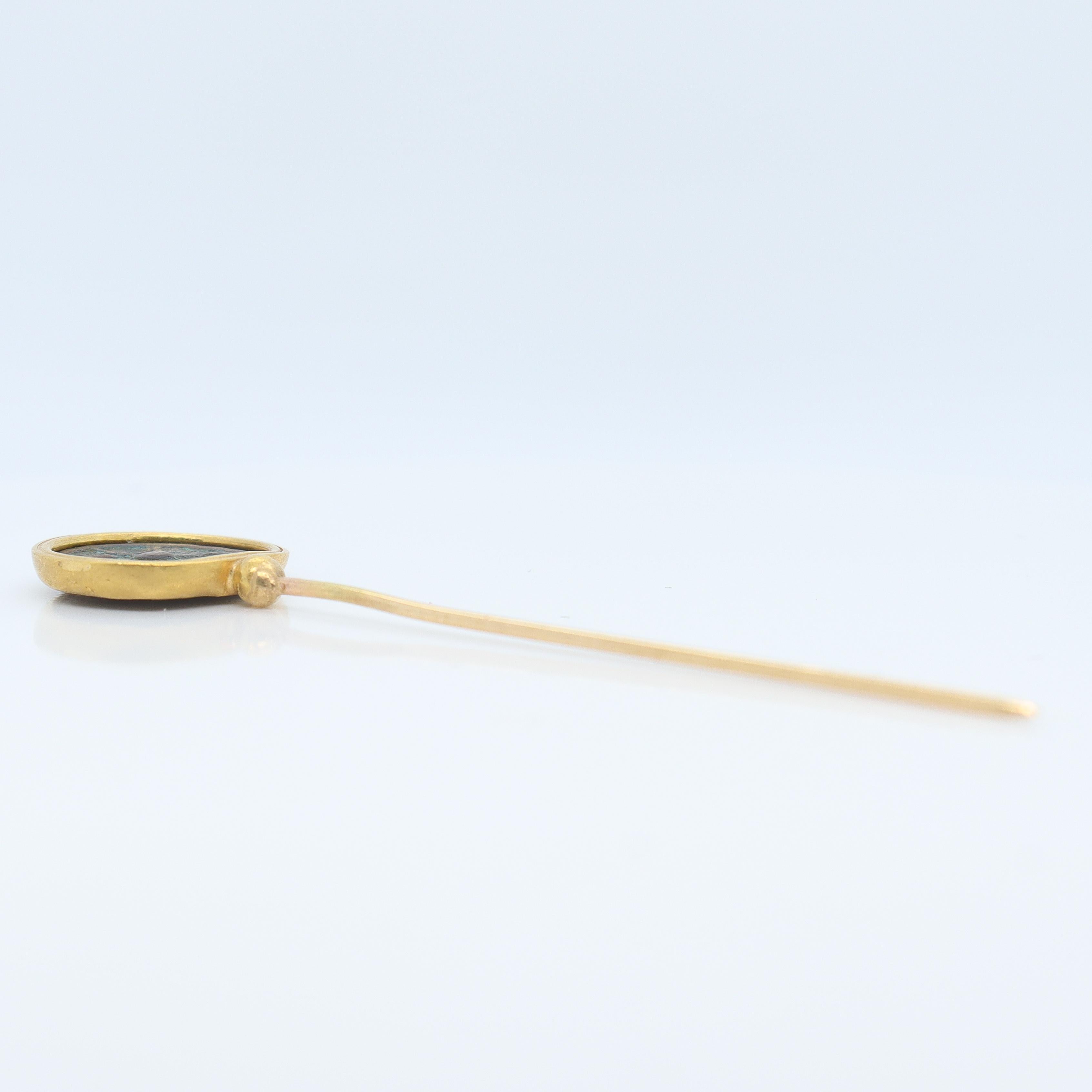 18k Gold and Ancient Roman or Greek Bronze Coin Stickpin For Sale 4