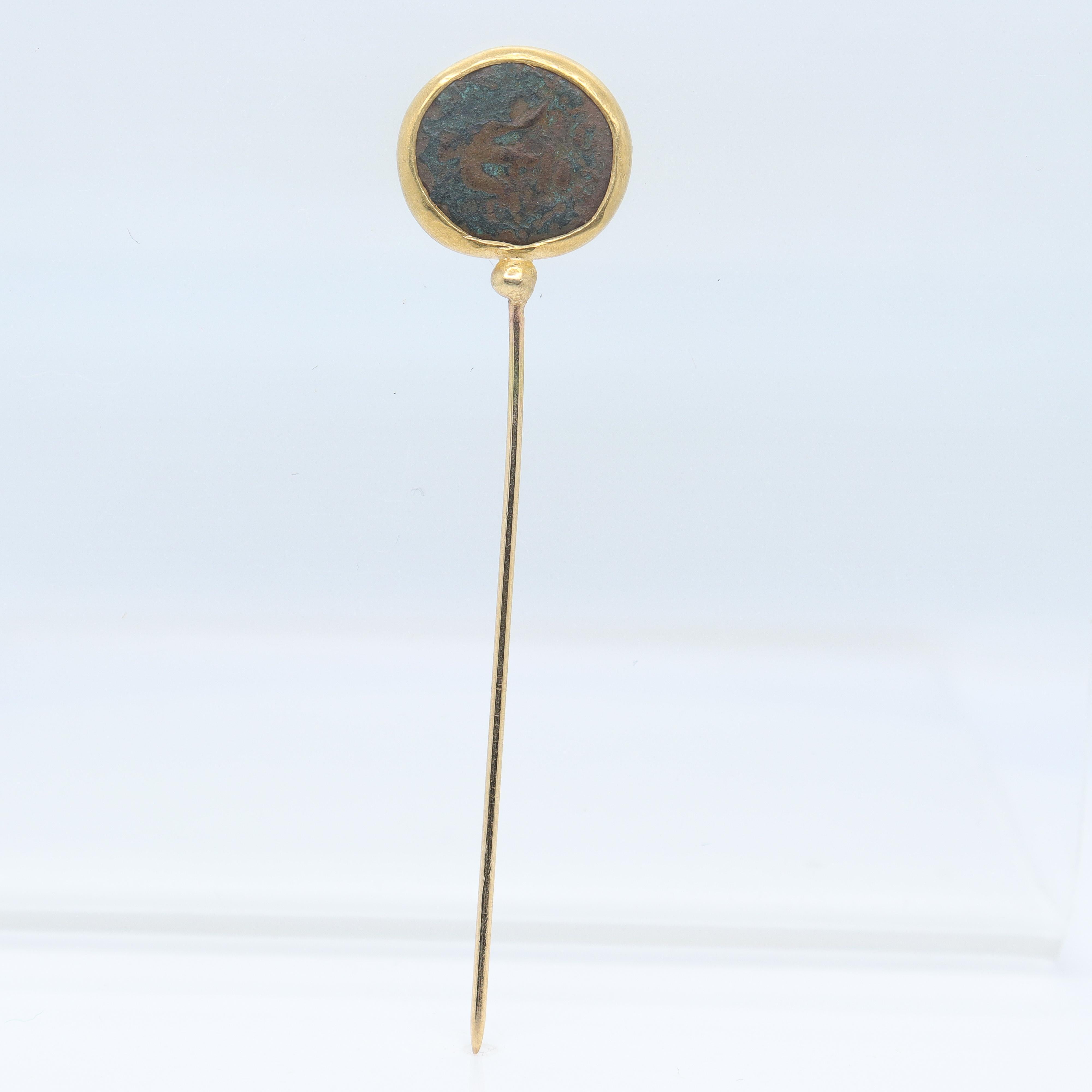 18k Gold and Ancient Roman or Greek Bronze Coin Stickpin In Good Condition For Sale In Philadelphia, PA