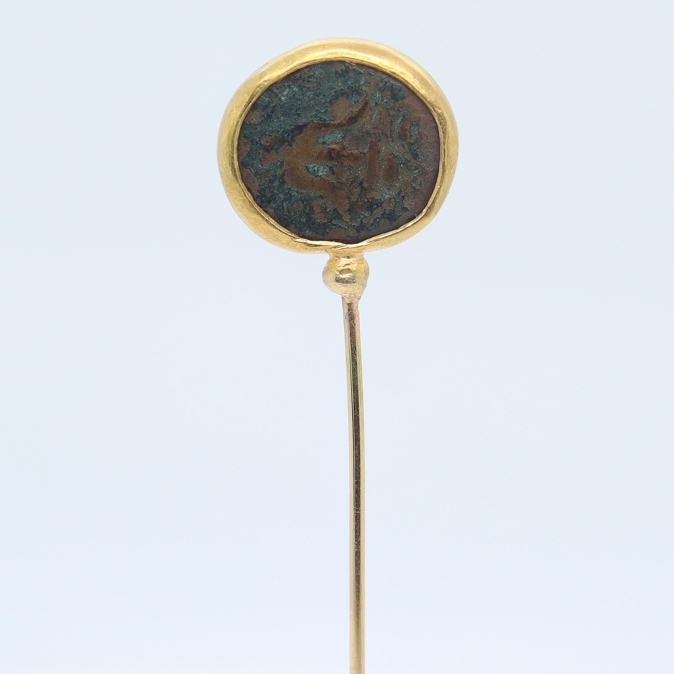 Women's or Men's 18k Gold and Ancient Roman or Greek Bronze Coin Stickpin For Sale