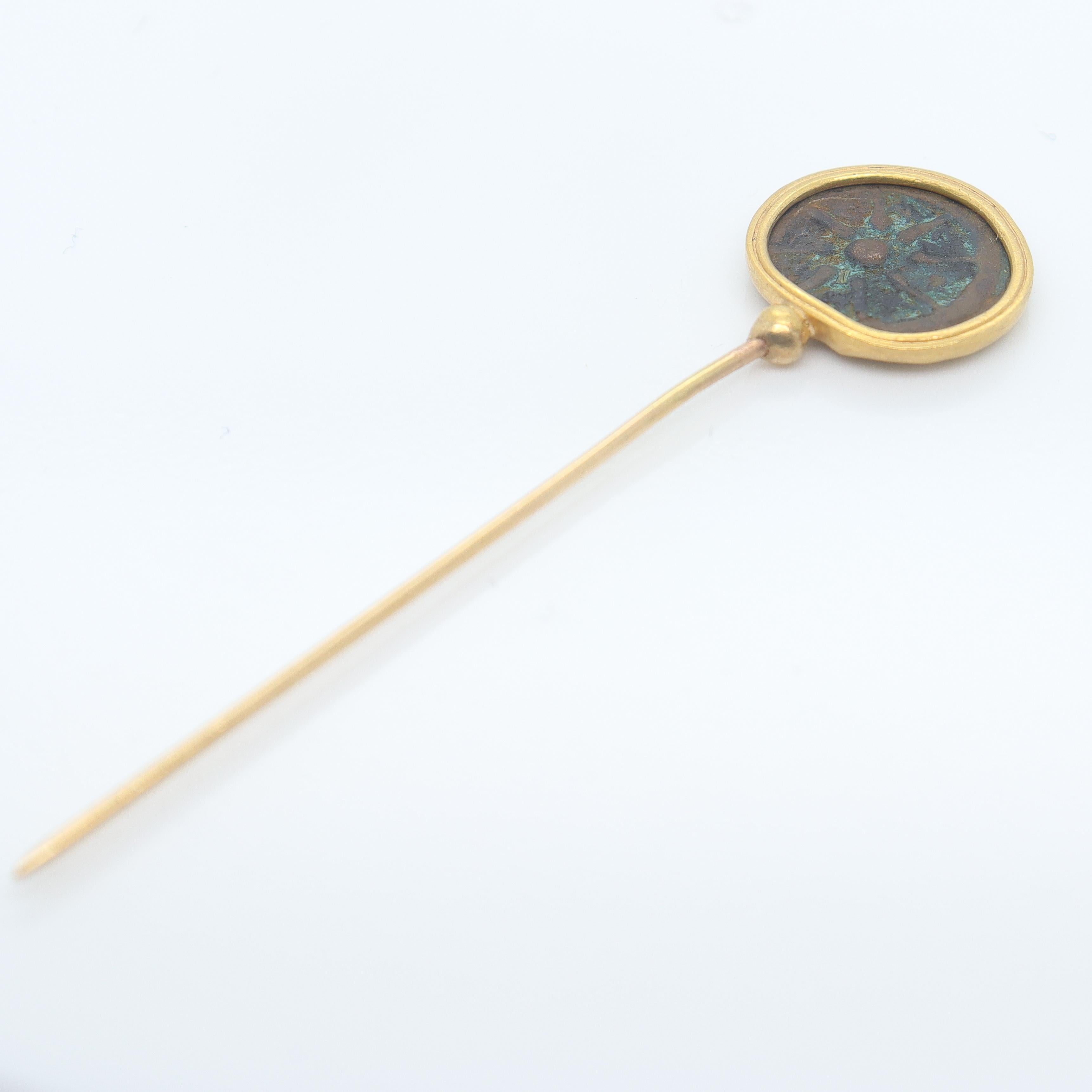 18k Gold and Ancient Roman or Greek Bronze Coin Stickpin For Sale 1