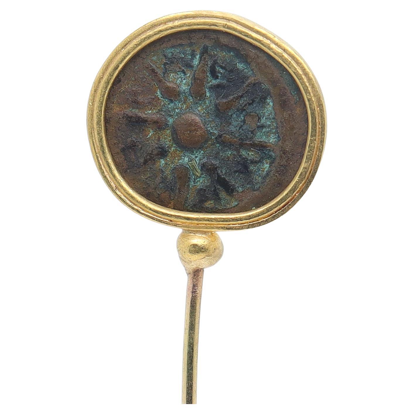 18k Gold and Ancient Roman or Greek Bronze Coin Stickpin For Sale