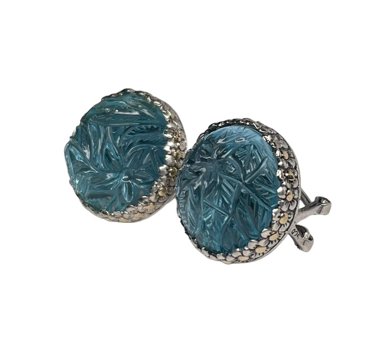 18K Gold And 925 Sterling Silver Blue Topaz Pair Of Earrings For Sale 5