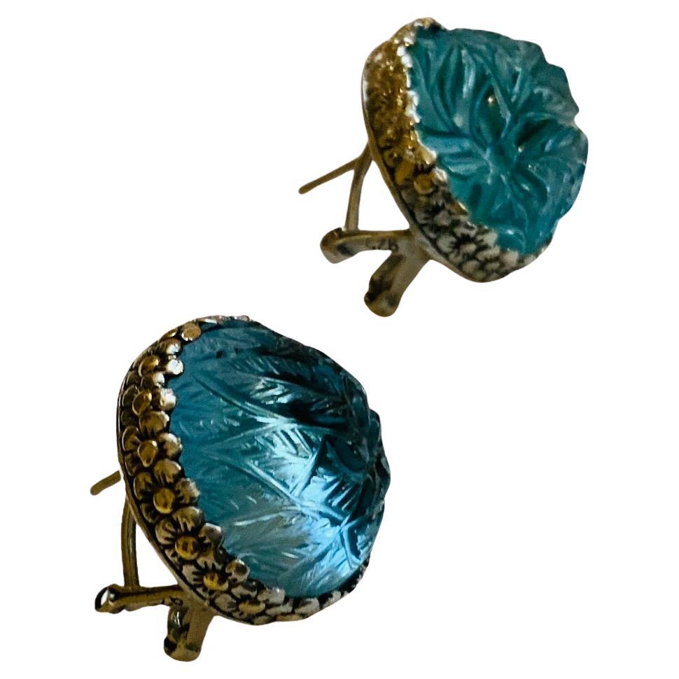 18K Gold And 925 Sterling Silver Blue Topaz Pair Of Earrings For Sale