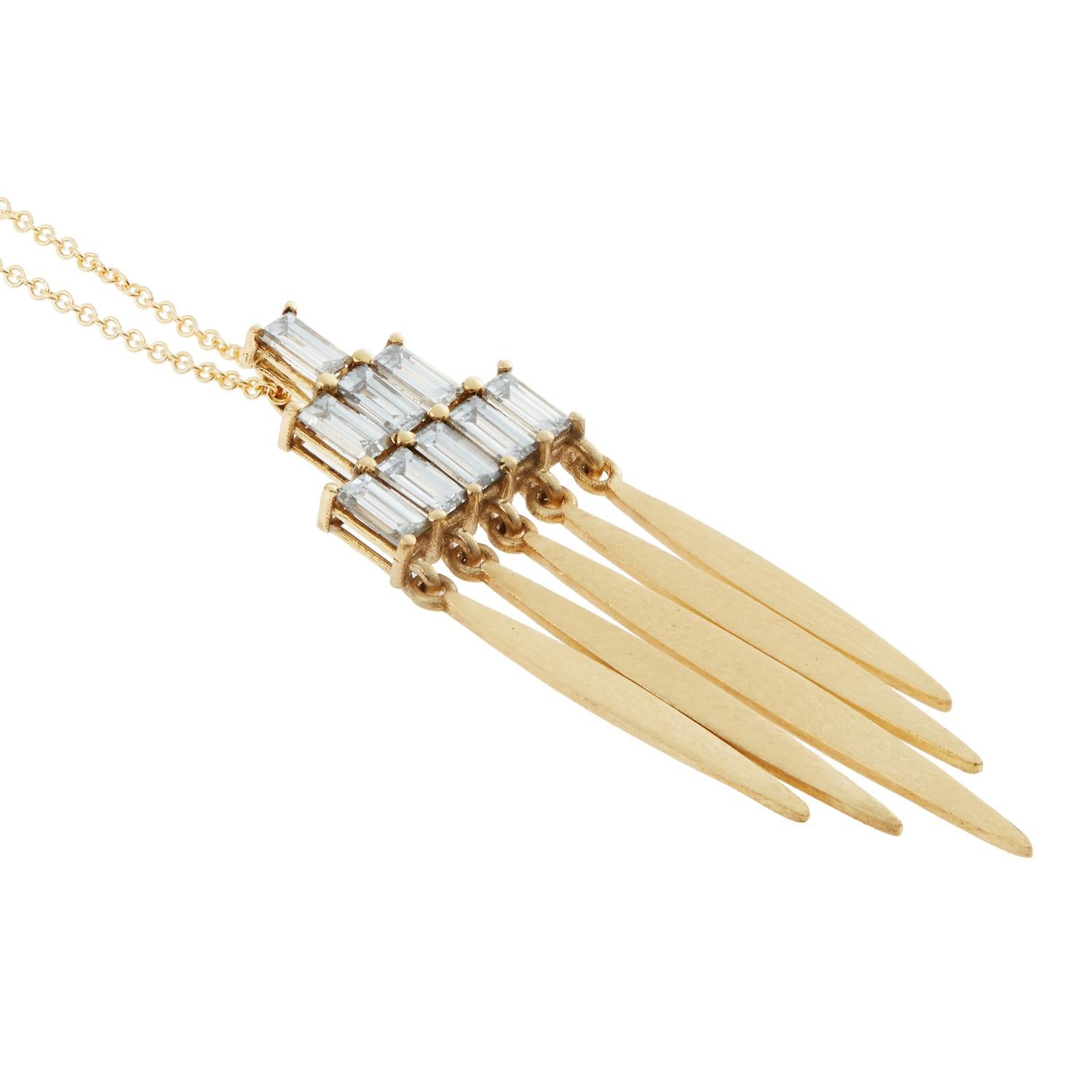 Women's 18 Karat Gold and Baguette Diamond Grass Spike Necklace For Sale
