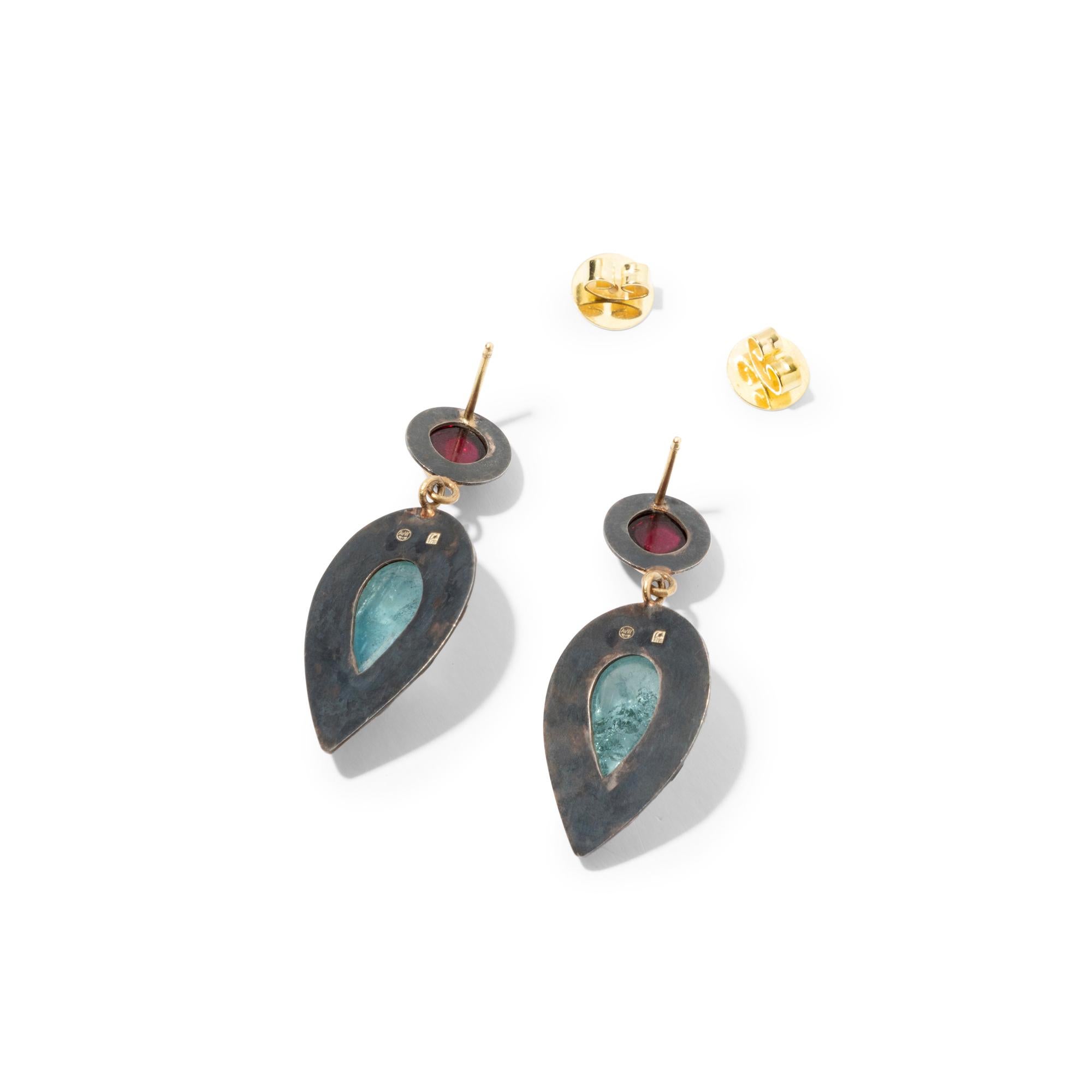 Artisan 18k Gold and Blackened Sterling Silver Tourmaline and Garnet Earrings For Sale