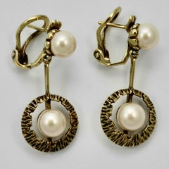 18K Gold and Cultured Pearl Drop Earrings circa 1970s