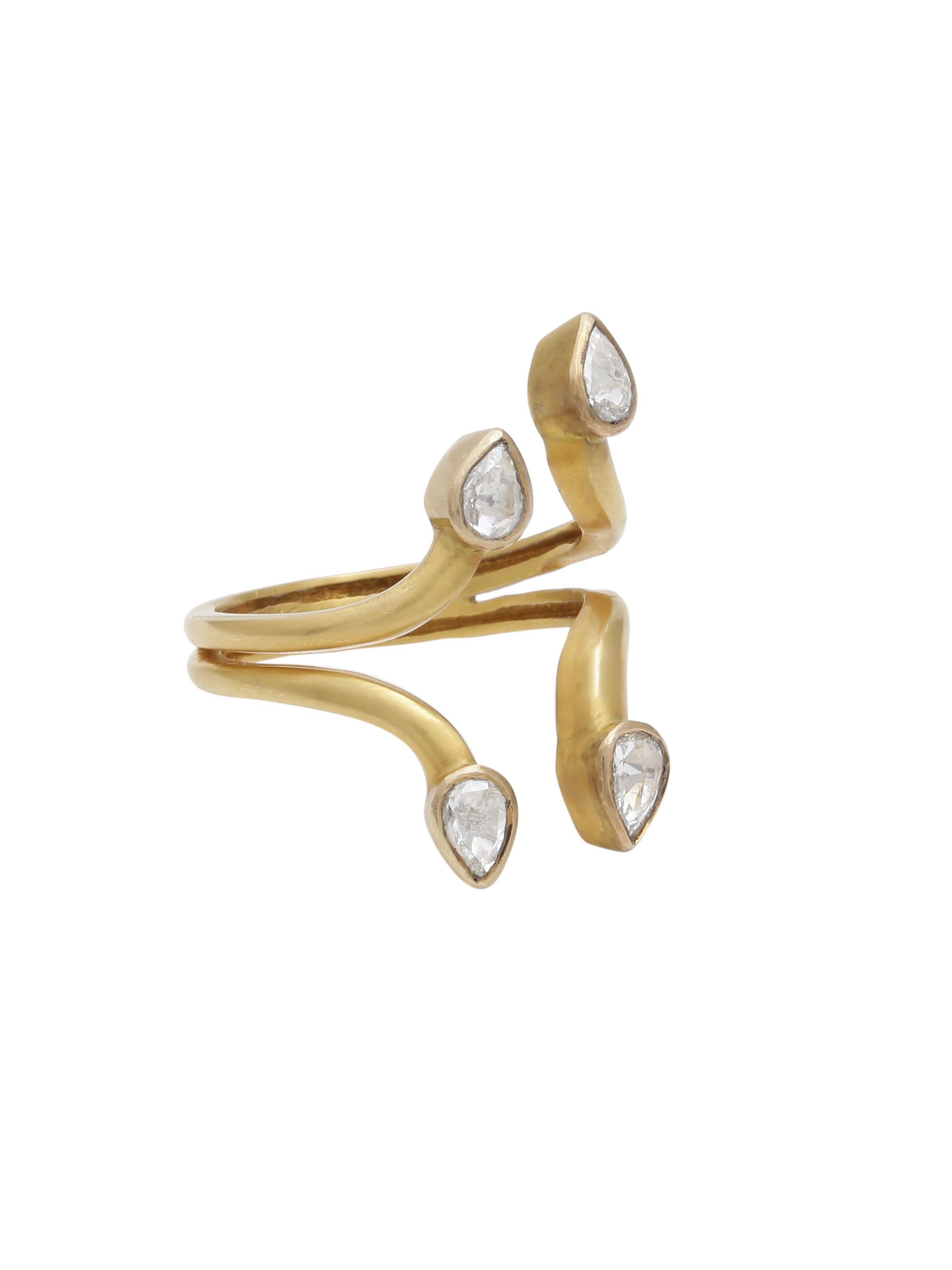 A fancy Diamond Ring with 18K Matte Finish Yellow Gold. 
Diamonds in the Ring weigh 0.53 carats. Its a light weight ring that hugs the finger perfectly. 
The ring has a fancy design but yet an elegant appeal.

Ring Size: US7