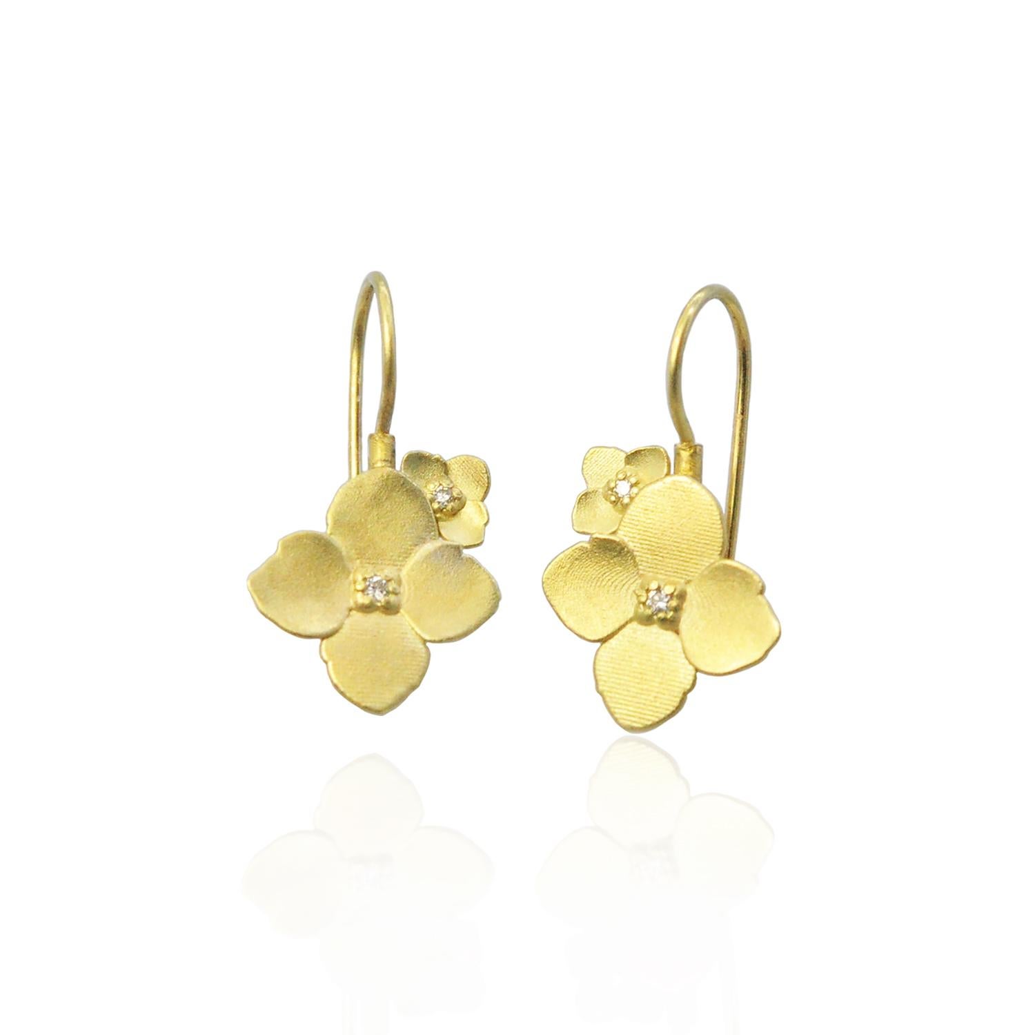Artisan 18k Gold and Diamond Double Hydrangea Earrings on Posts For Sale