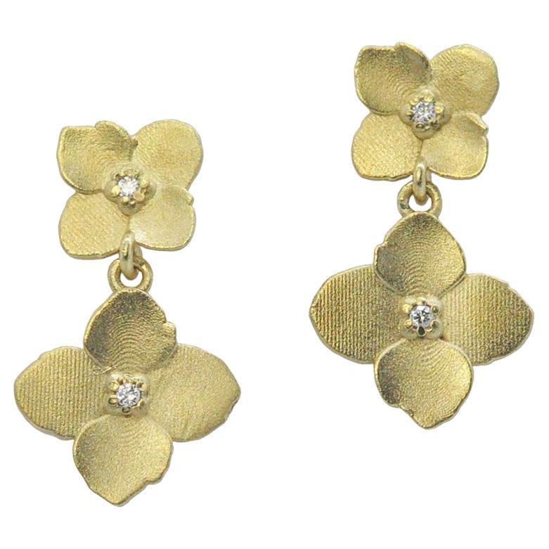 18k Gold and Diamond Double Hydrangea Earrings on Posts For Sale