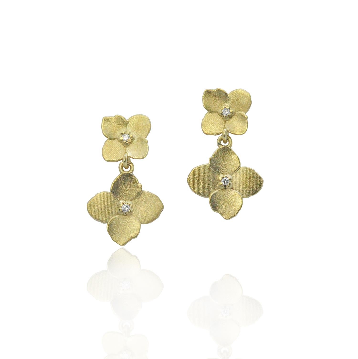 Artisan 18k Gold and Diamond Double Hydrangea Earrings on Wires For Sale