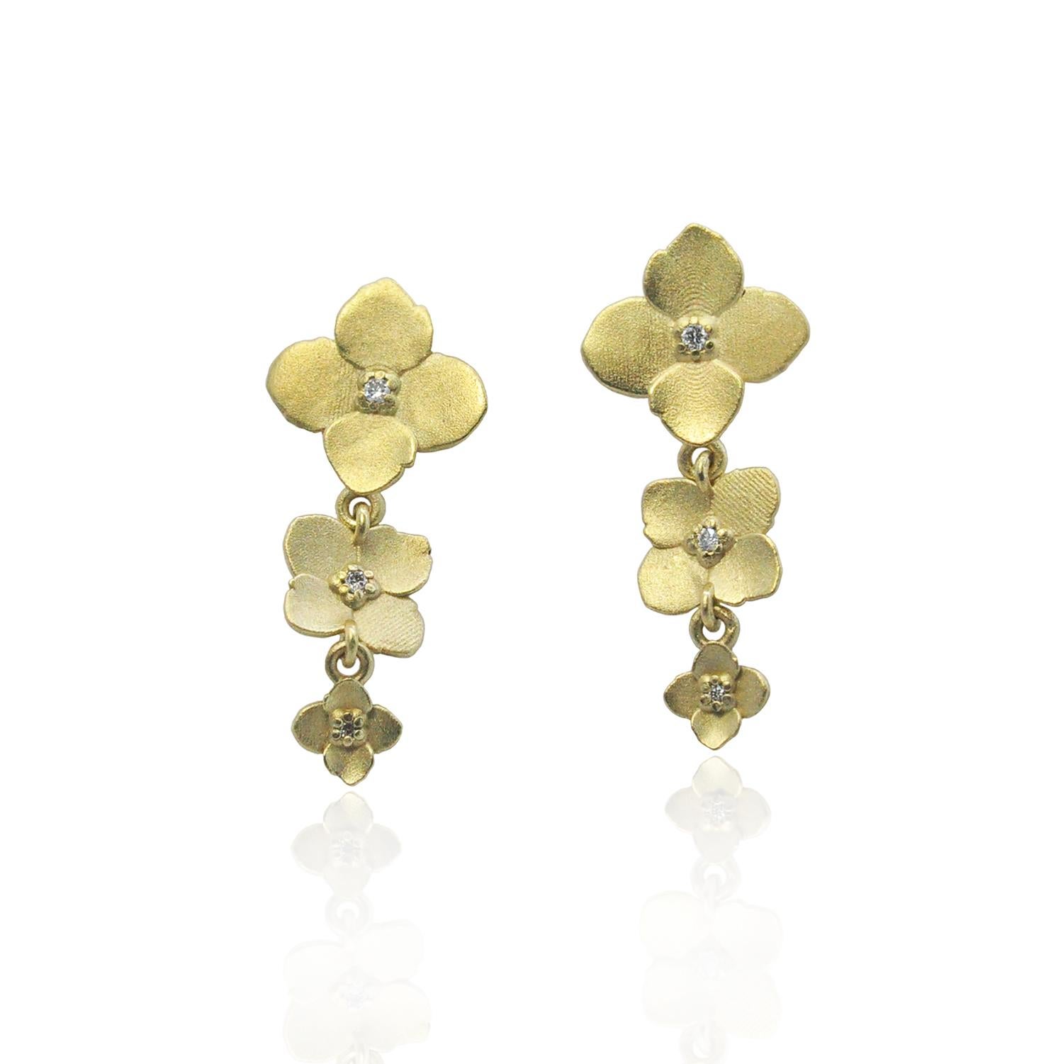 Round Cut 18k Gold and Diamond Double Hydrangea Earrings on Wires For Sale