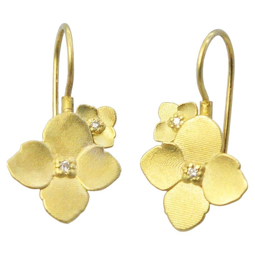 18k Gold and Diamond Double Hydrangea Earrings on Wires For Sale
