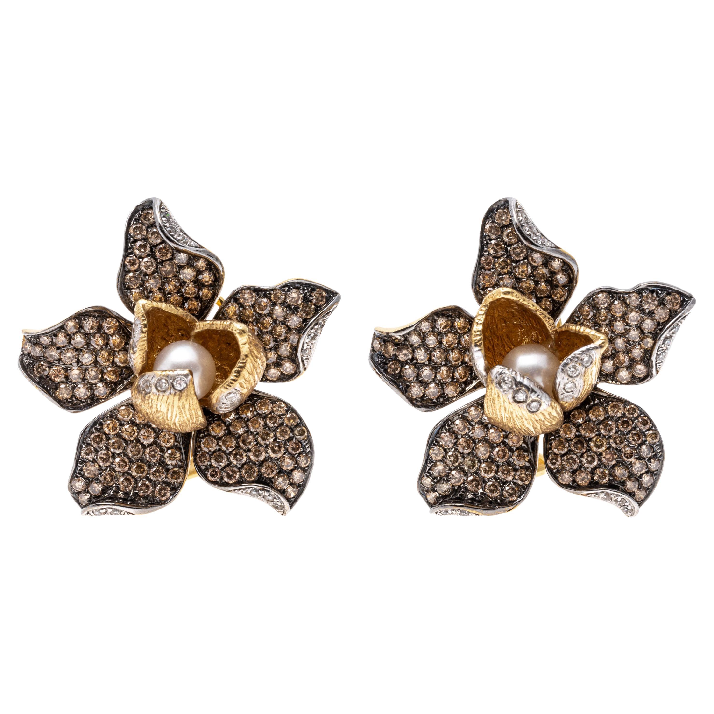18K Yellow Gold Brown and White Pave Diamond (App. 2.8 TCW) and Pearl Earrings For Sale
