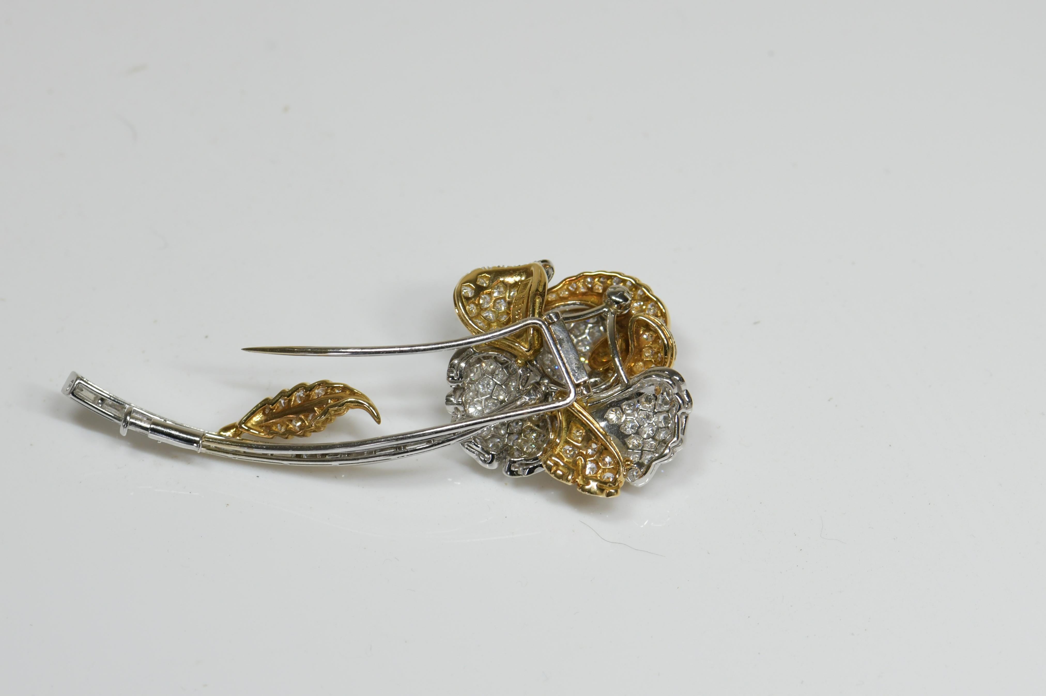Baguette Cut 18K Gold Diamond Rose Flower Brooch For Sale